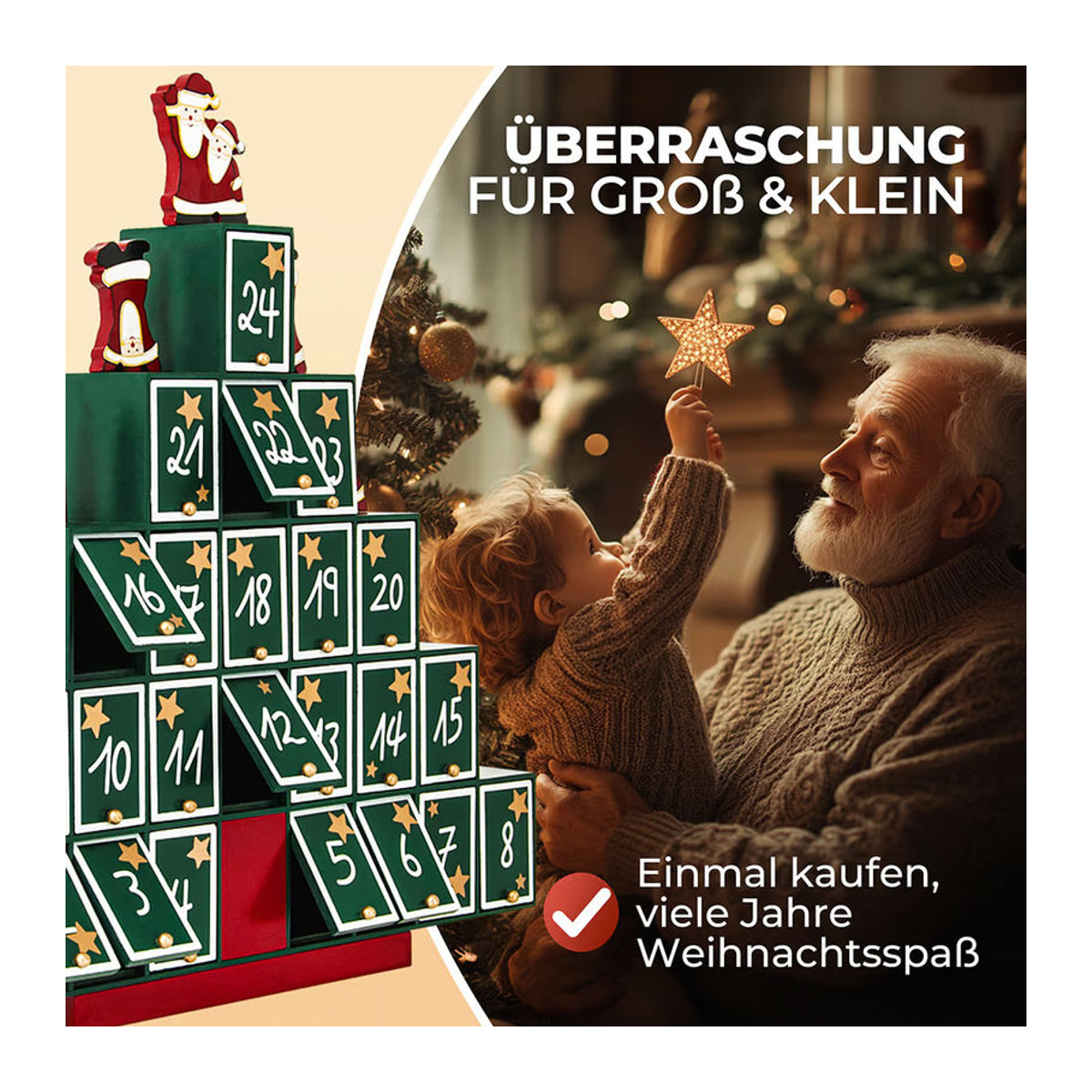 Spielwerk Adventskalender Weihnachtsbaum aus Holz in Braun und Grün mit Weihnachtsmann und Sternen im skandinavischen Design - Bild 4