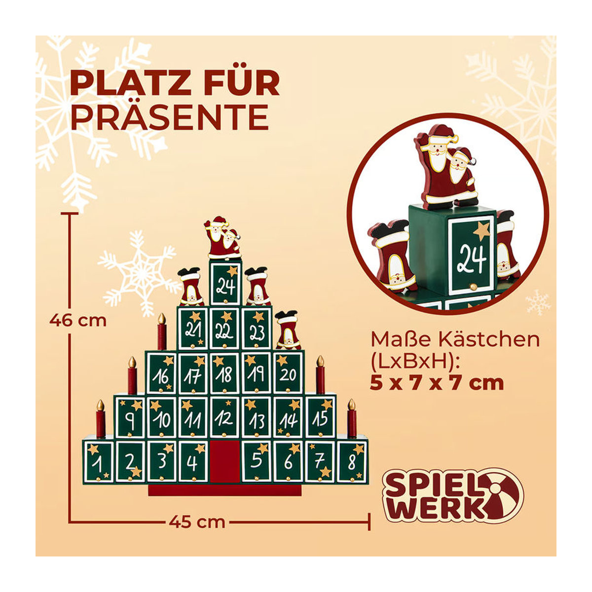 Spielwerk Adventskalender Weihnachtsbaum aus Holz in Braun und Grün mit Weihnachtsmann und Sternen im skandinavischen Design - Bild 5