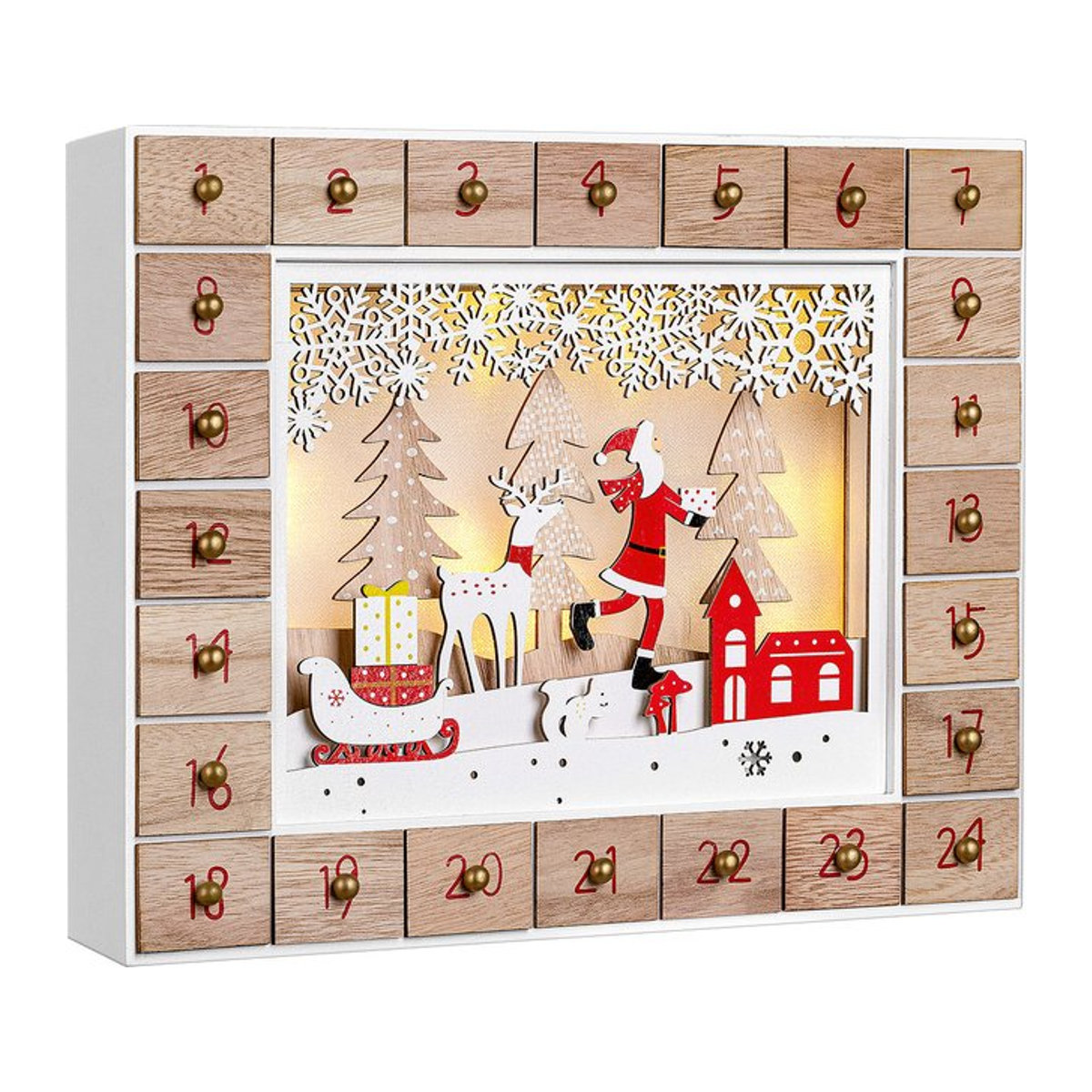 SPIELWERK® Adventskalender Weihnachtsmann aus Holz mit LED-Beleuchtung in Braun und Mehrfarbig - Bild 1