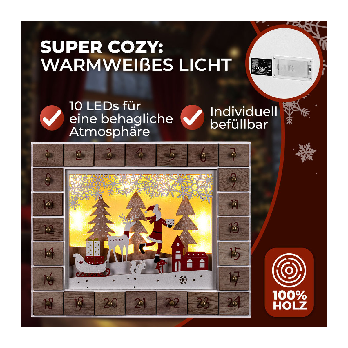 SPIELWERK® Adventskalender Weihnachtsmann aus Holz mit LED-Beleuchtung in Braun und Mehrfarbig - Bild 2