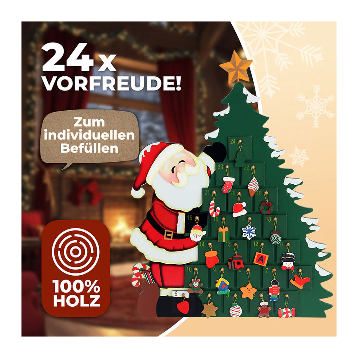 Spielwerk® Adventskalender Weihnachtsmann zum Selbstbefüllen aus Holz, nachhaltig und wiederverwendbar, mehrfarbig und braun - Bild 3