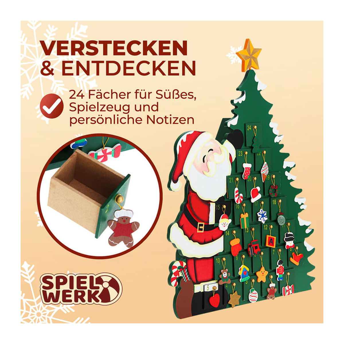 Spielwerk® Adventskalender Weihnachtsmann zum Selbstbefüllen aus Holz, nachhaltig und wiederverwendbar, mehrfarbig und braun - Bild 4