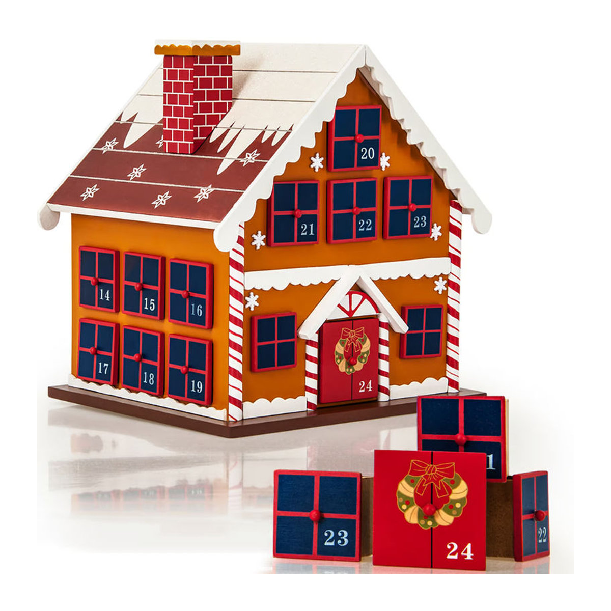 Spielwerk Adventskalender Winterhäuschen aus Holz in mehrfarbigem Landhaus-Design - Bild 2