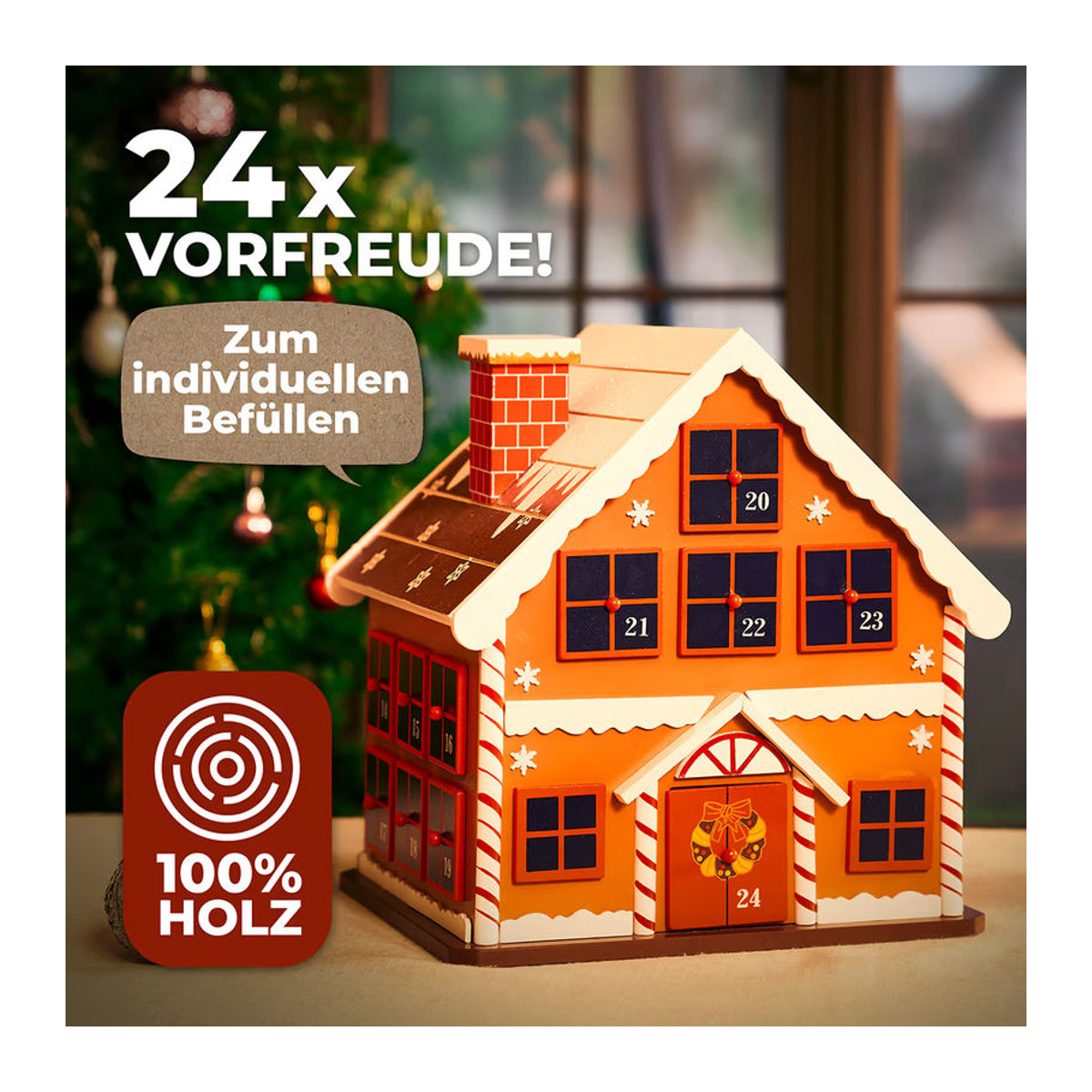 Spielwerk Adventskalender Winterhäuschen aus Holz in mehrfarbigem Landhaus-Design - Bild 3