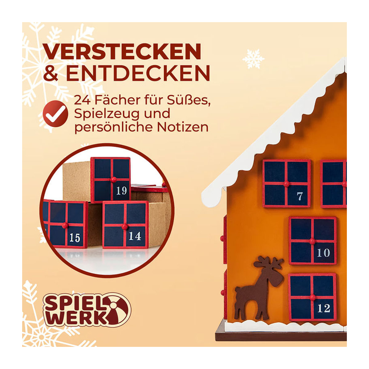 Spielwerk Adventskalender Winterhäuschen aus Holz in mehrfarbigem Landhaus-Design - Bild 4