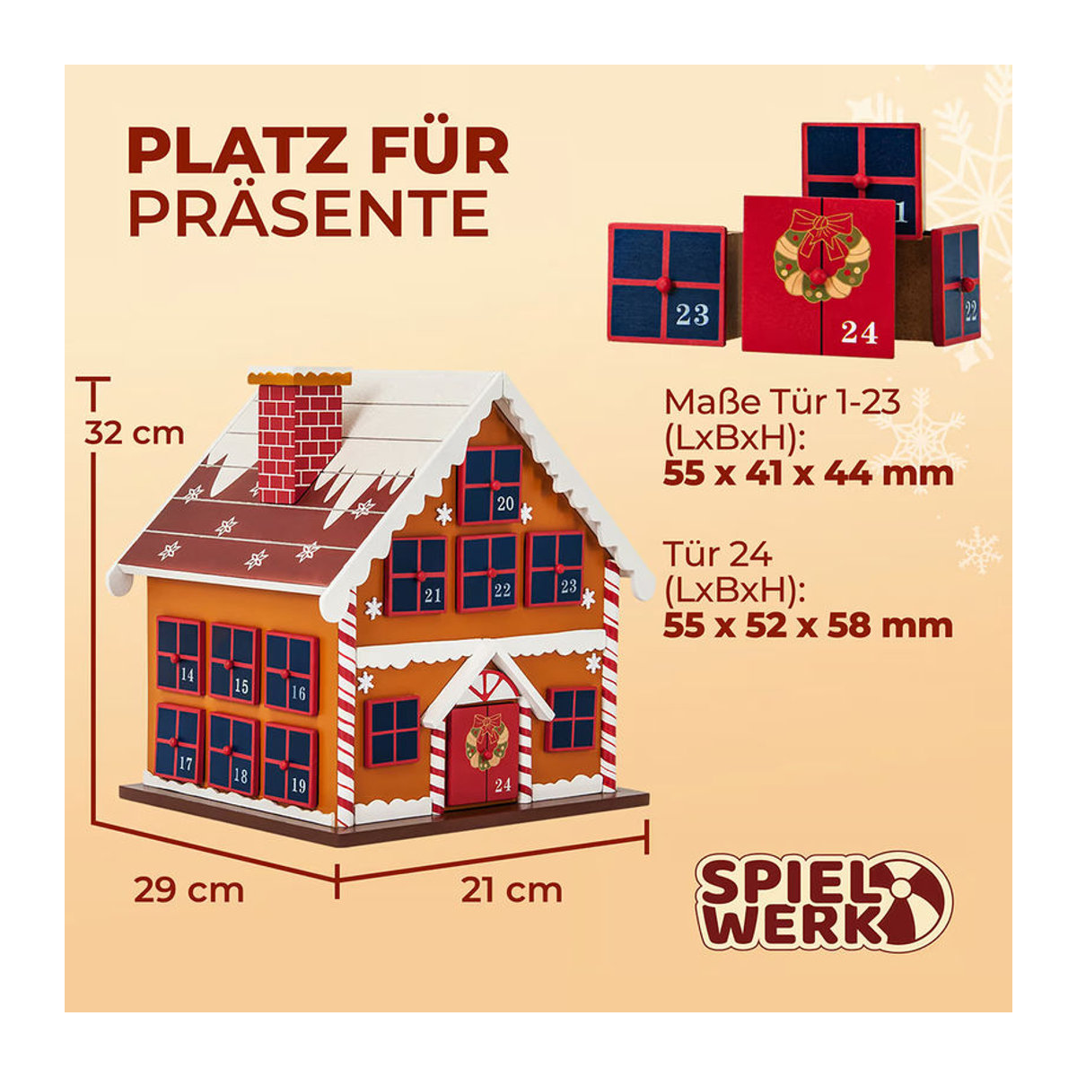 Spielwerk Adventskalender Winterhäuschen aus Holz in mehrfarbigem Landhaus-Design - Bild 5