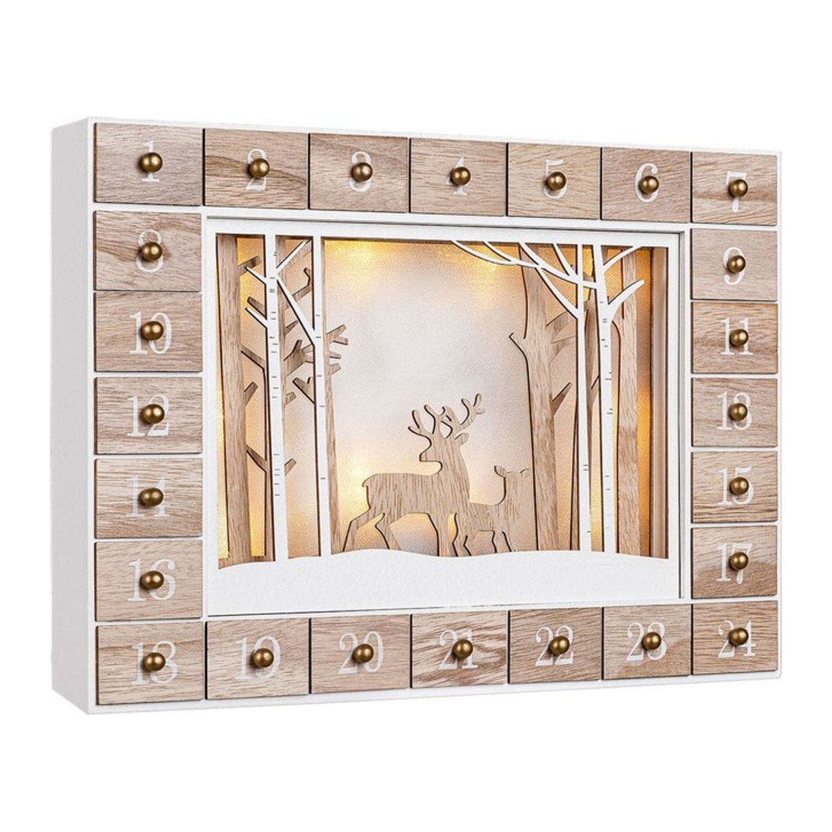 Spielwerk Adventskalender Winterwald aus Holz mit LED-Beleuchtung in Braun, Weiß und Mehrfarbig, B/T/H: 35,5 x 35,5 x 6 cm - Bild 1