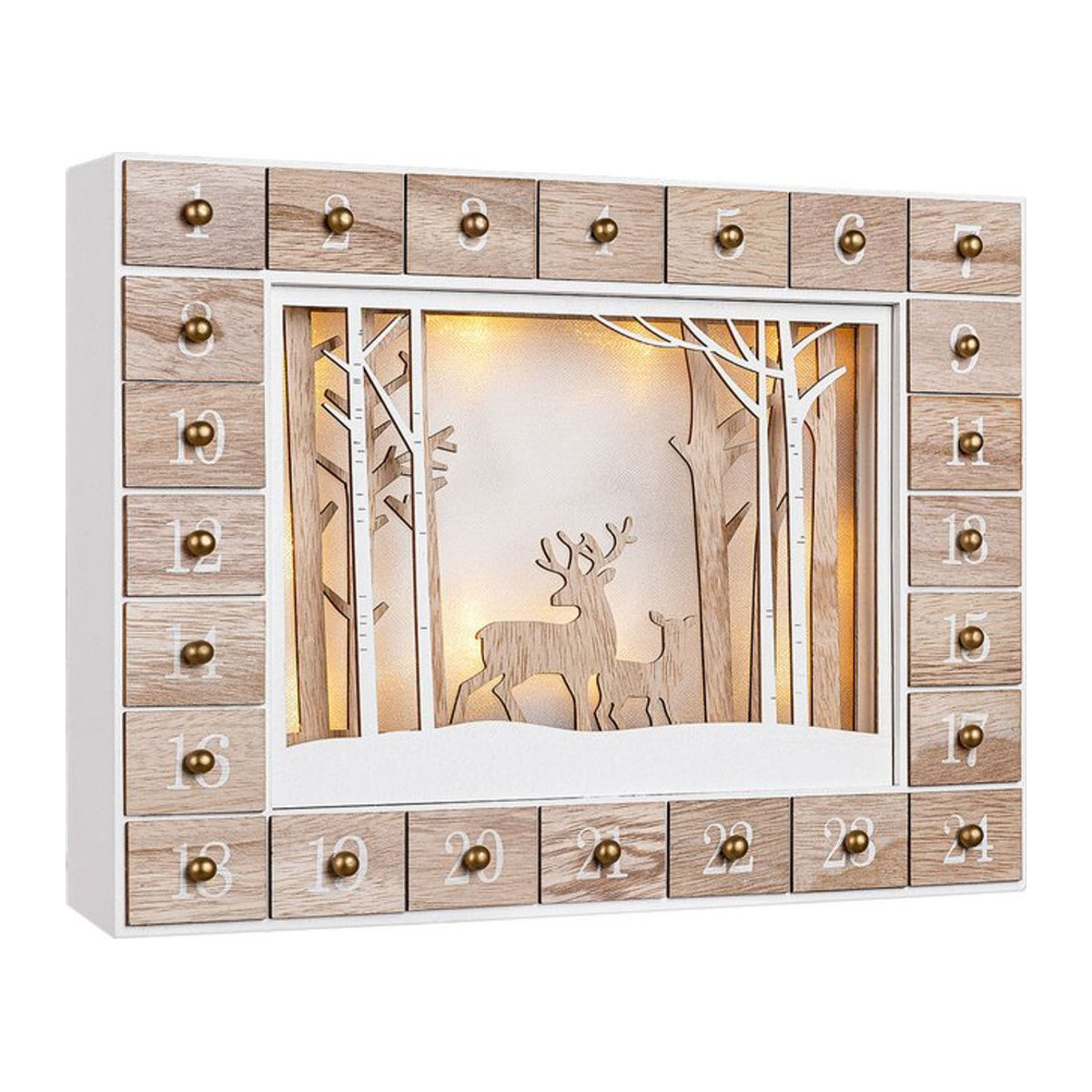 Spielwerk Adventskalender Winterwald aus Holz mit LED-Beleuchtung in Braun, Weiß und Mehrfarbig, B/T/H: 35,5 x 35,5 x 6 cm - Bild 2
