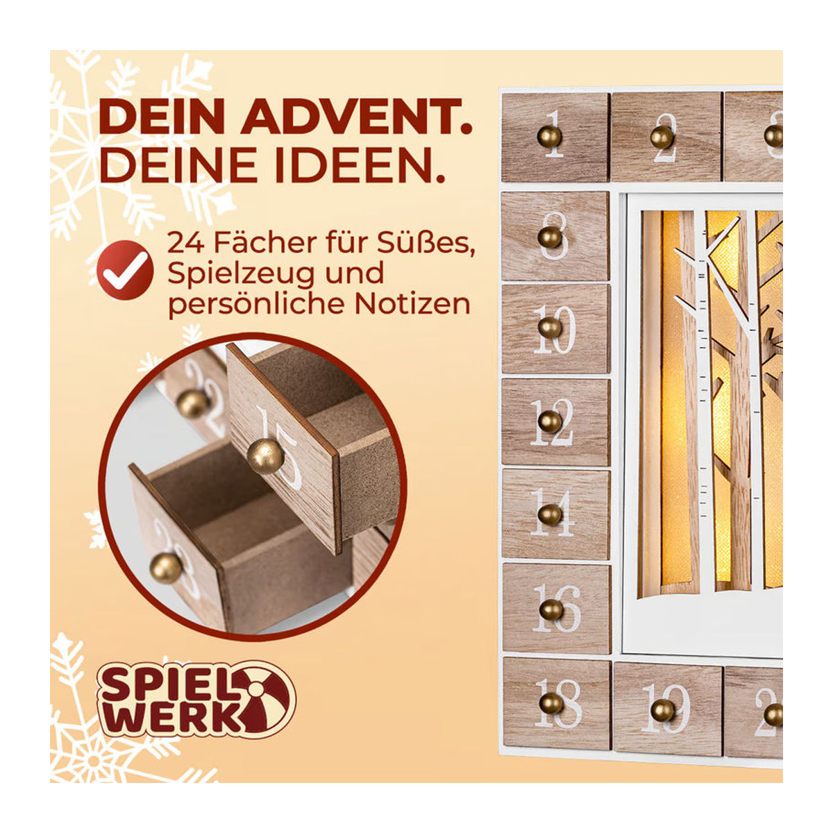Spielwerk Adventskalender Winterwald aus Holz mit LED-Beleuchtung in Braun, Weiß und Mehrfarbig, B/T/H: 35,5 x 35,5 x 6 cm - Bild 3