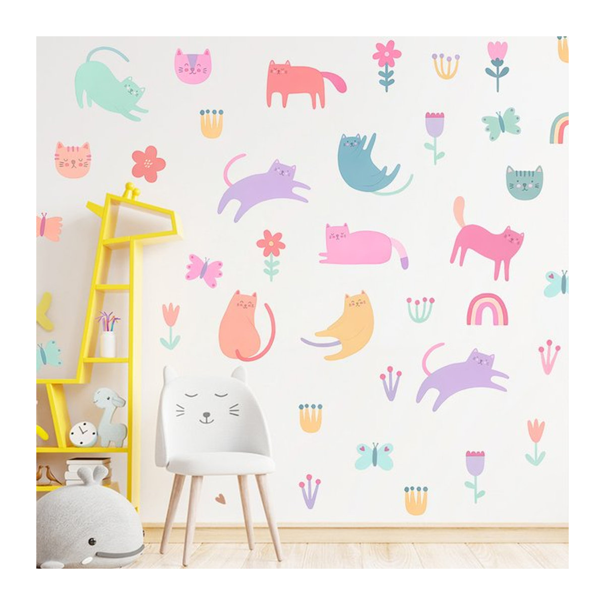 Sproutfox Wandaufkleber mit Cartoon Katze, Blumen und Schmetterlingen in Mehrfarbig für das Kinderzimmer - Bild 1