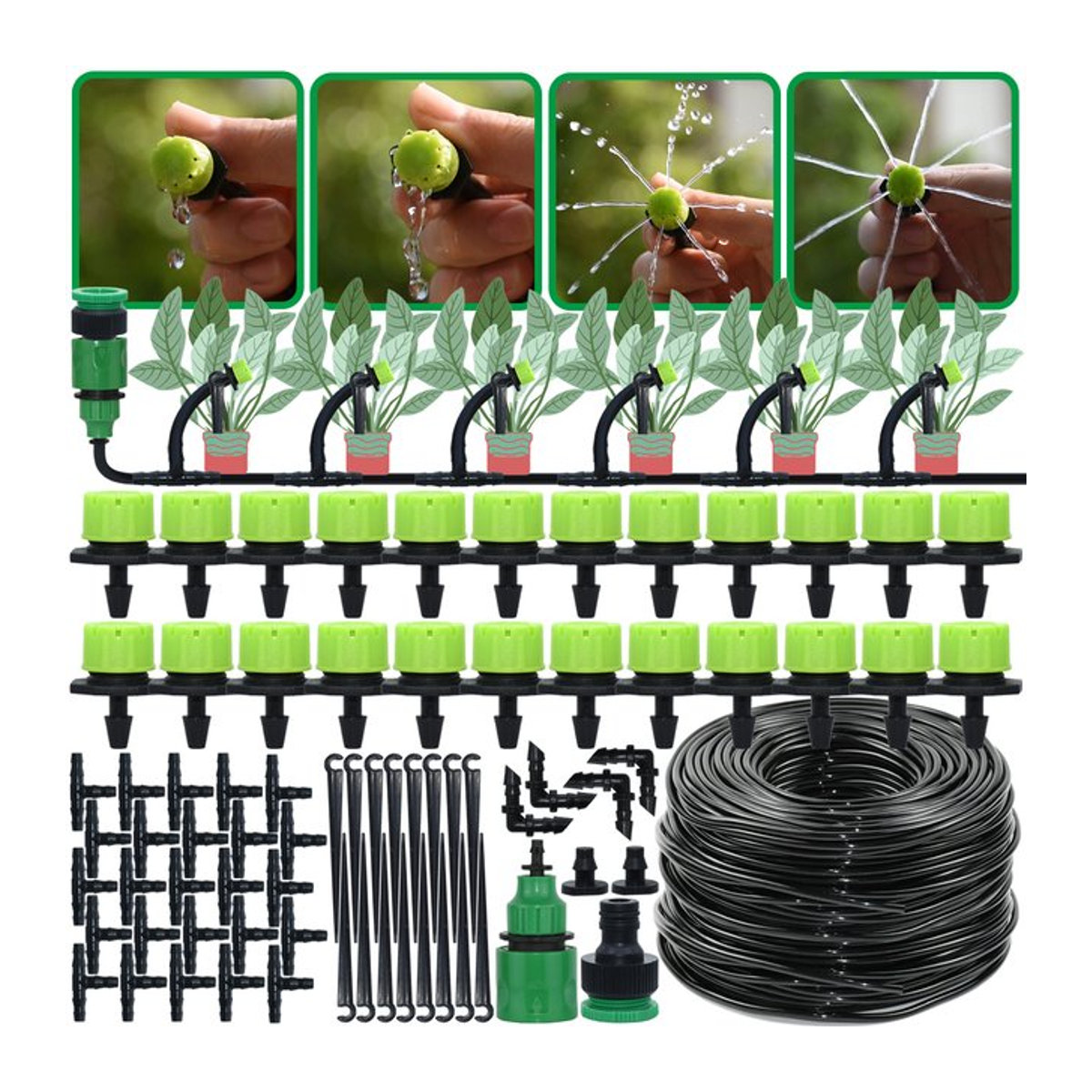 SPRYCLE Automatisches Gartenbewässerungssystem mit verstellbarer Tropfbewässerung, Grün, 5–50 m Reichweite, 1/4 Zoll und 4/7 mm Schlauchanschlüsse für Topfpflanzen und Gewächshäuser - Bild 1