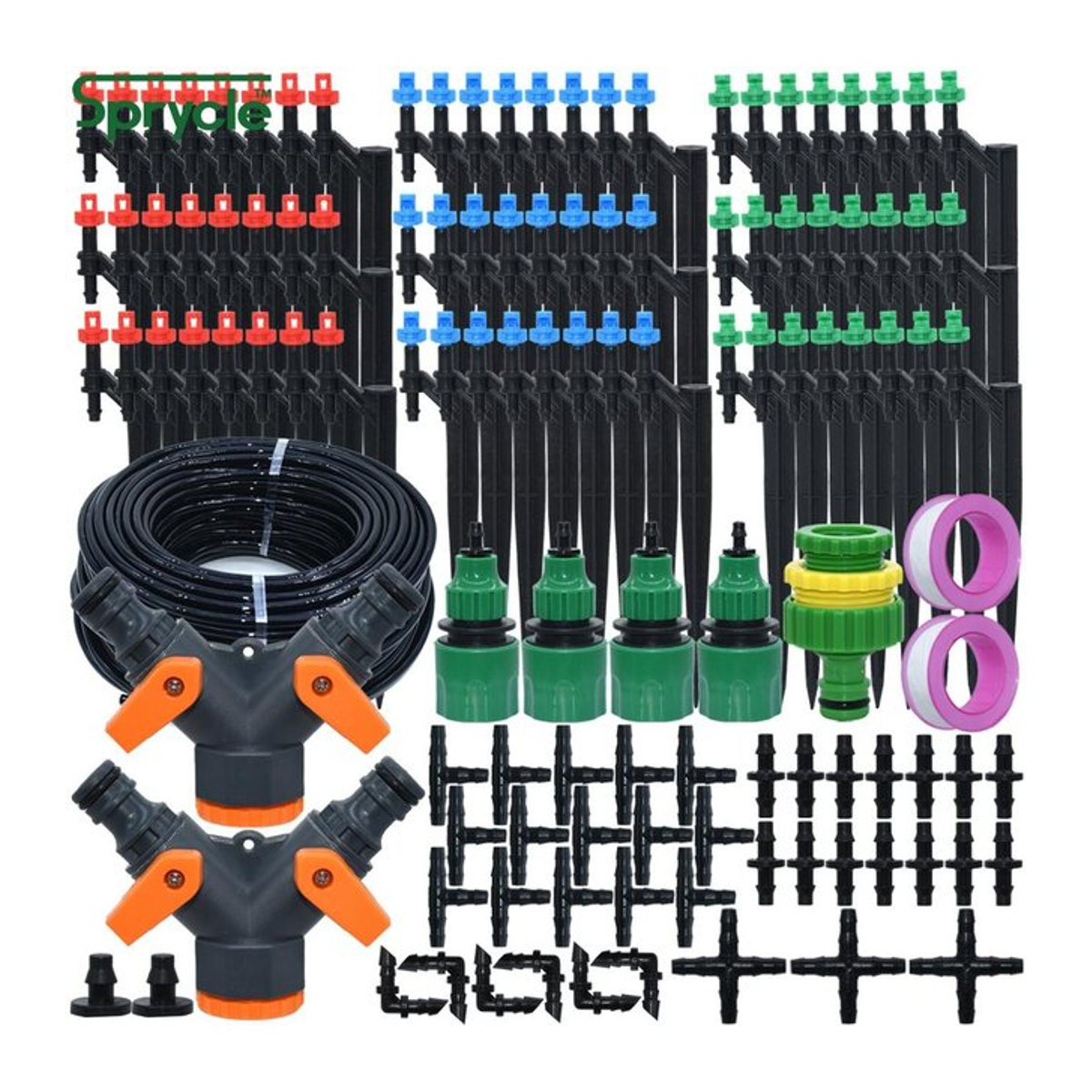 SPRYCLE Micro Drip Bewässerungssystem für den Garten, 25m automatisches Tropf- und Sprühset mit Zerstäubern für 4/7mm und 1/4'' Schläuche, Schwarz - Bild 1