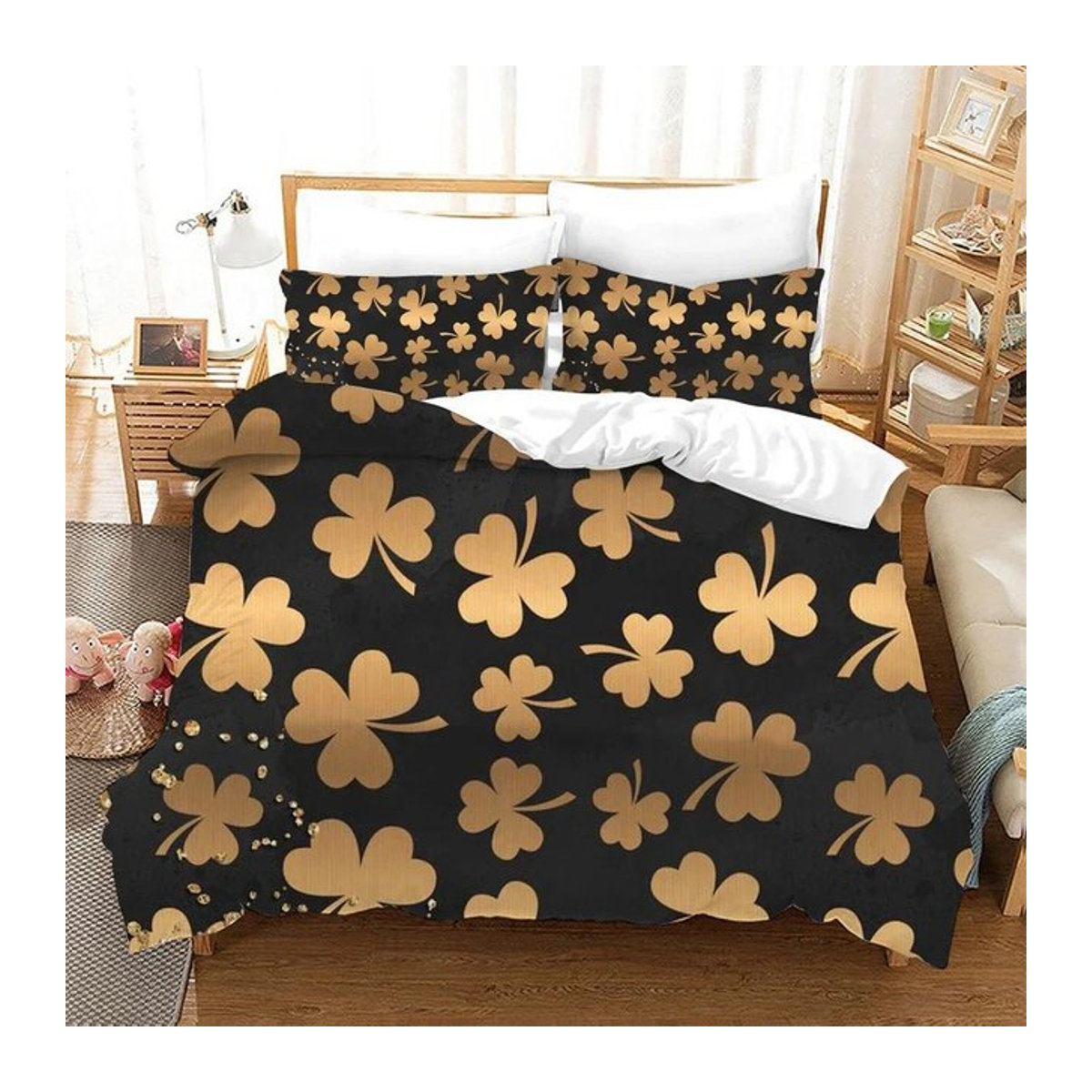 St. Patrick's Day Bettwäsche-Set mit Glücksklee aus Mikrofaser in Grün, 3-teilig, Breite: 135 cm, Länge: 200 cm - Bild 1