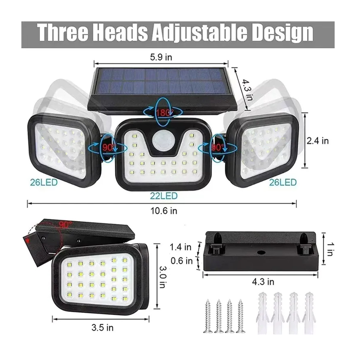 STAARICC Solarleuchte für den Außenbereich mit LED und Bewegungsmelder, 3 Köpfe, 270 Grad Weitwinkelbeleuchtung, IP65 Wasserdicht, Schwarz - Bild 6