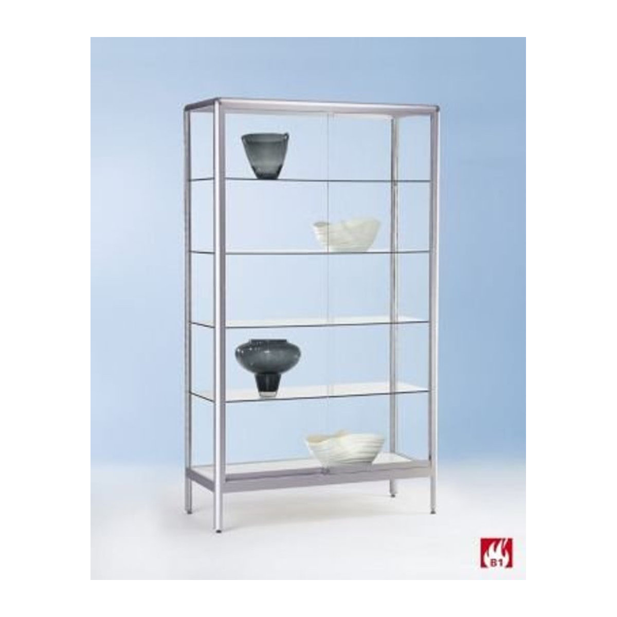 Standvitrine BST Vitrinenschrank mit 5 Fächern und abschließbaren Schiebetüren aus Aluminium und Glas in Silber, B: 150 cm, T: 50 cm, H: 195 cm - Bild 1