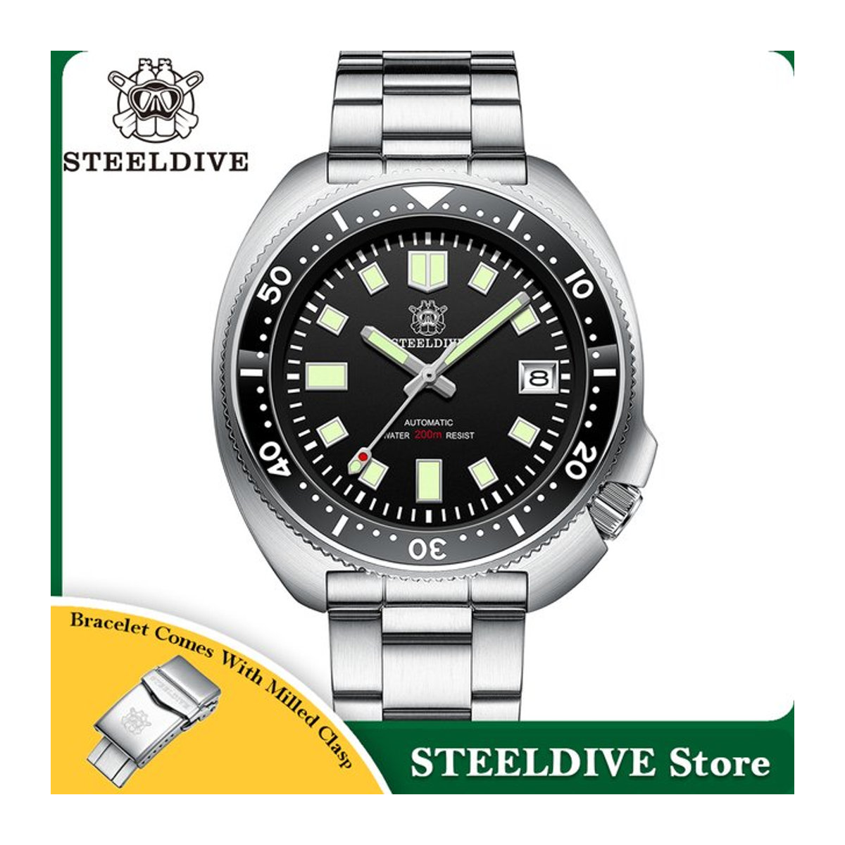 Steeldive SD1970 Herren-Taucheruhr im Retro-Stil mit schwarzem Zifferblatt und weißem Datumshintergrund, Saphirglas, NH35 Automatikwerk und 200 m Wasserdichtigkeit - Bild 1