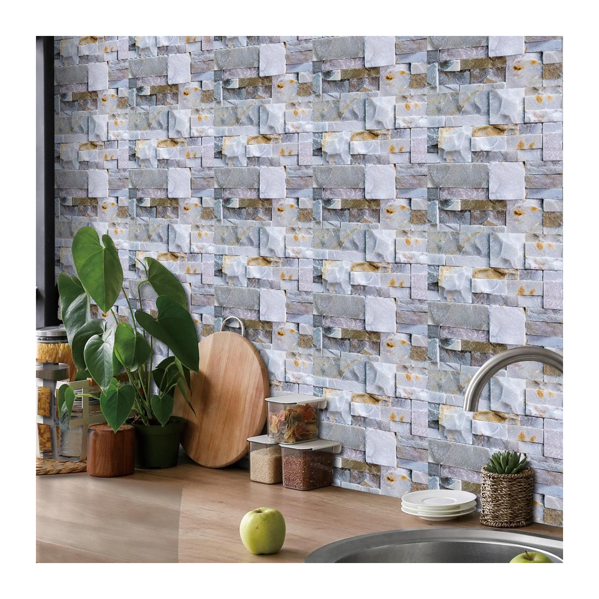 Sticker House Wandfliesen Set aus Kunststoff in Grau, 10 Stück quadratische Peel & Stick Aufkleber im Stein- und Marmor-Design, wasserdicht und ölbeständig, B/B: 15 x 15 cm - Bild 2