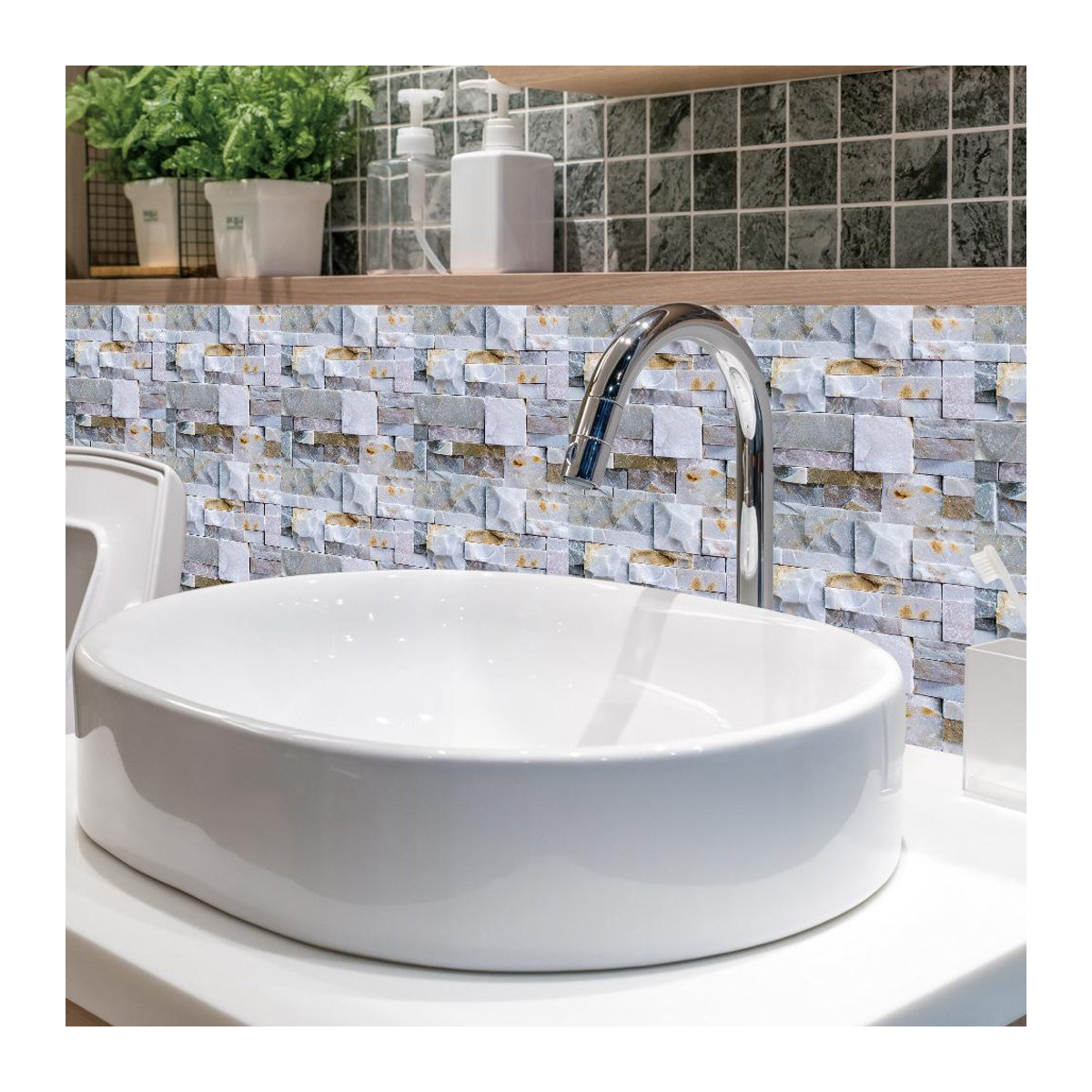 Sticker House Wandfliesen Set aus Kunststoff in Grau, 10 Stück quadratische Peel & Stick Aufkleber im Stein- und Marmor-Design, wasserdicht und ölbeständig, B/B: 15 x 15 cm - Bild 6