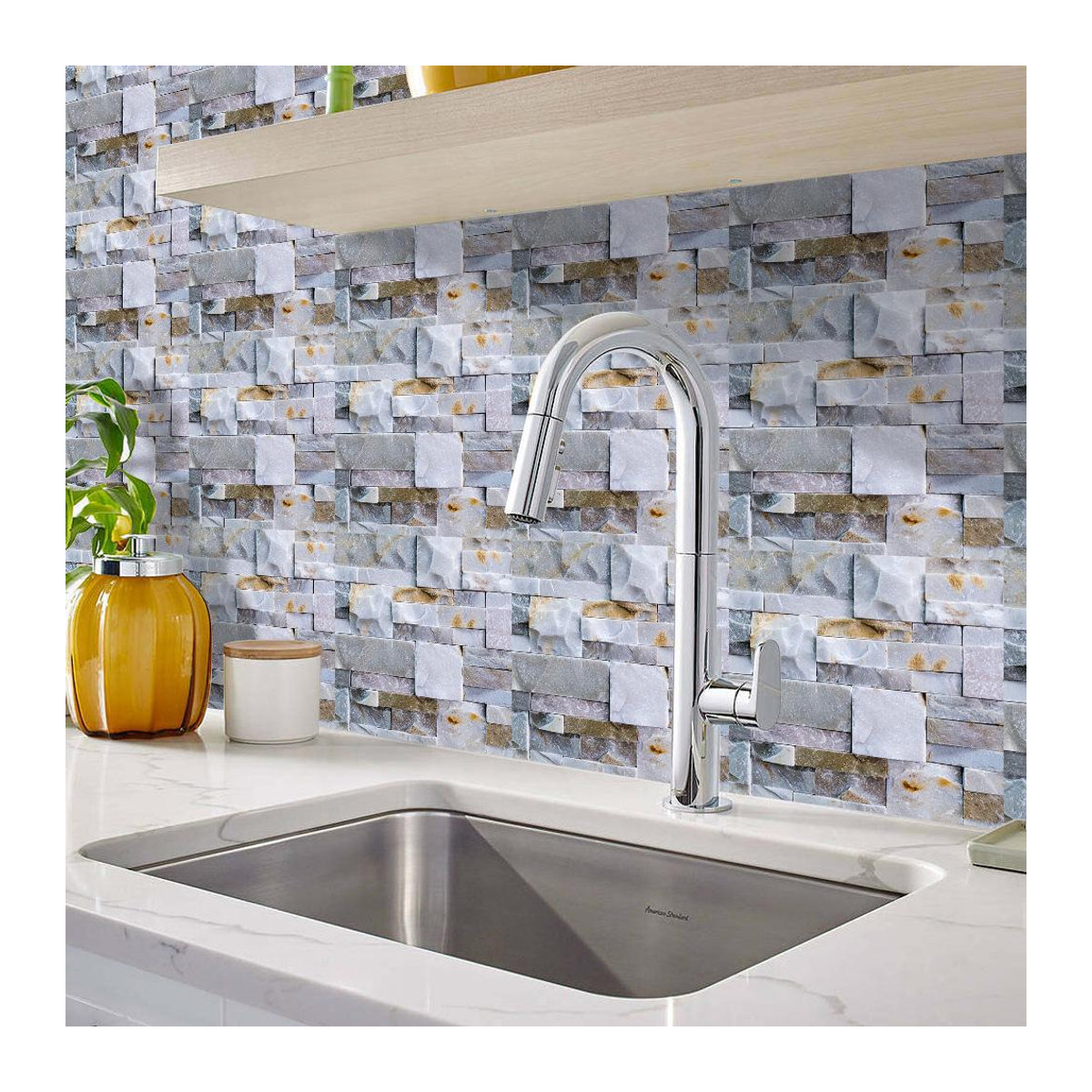 Sticker House Wandfliesen Set aus Kunststoff in Grau, 10 Stück quadratische Peel & Stick Aufkleber im Stein- und Marmor-Design, wasserdicht und ölbeständig, B/B: 15 x 15 cm - Bild 7