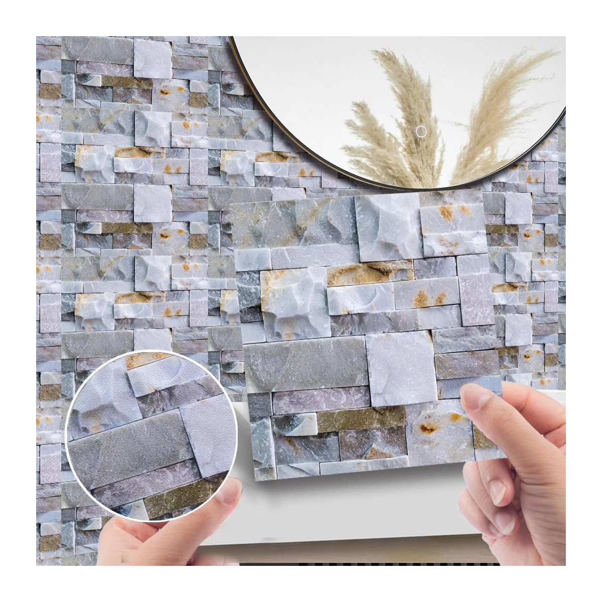Sticker House Wandfliesen Set aus Kunststoff in Grau, 10 Stück quadratische Peel & Stick Aufkleber im Stein- und Marmor-Design, wasserdicht und ölbeständig, B/B: 15 x 15 cm - Bild 9