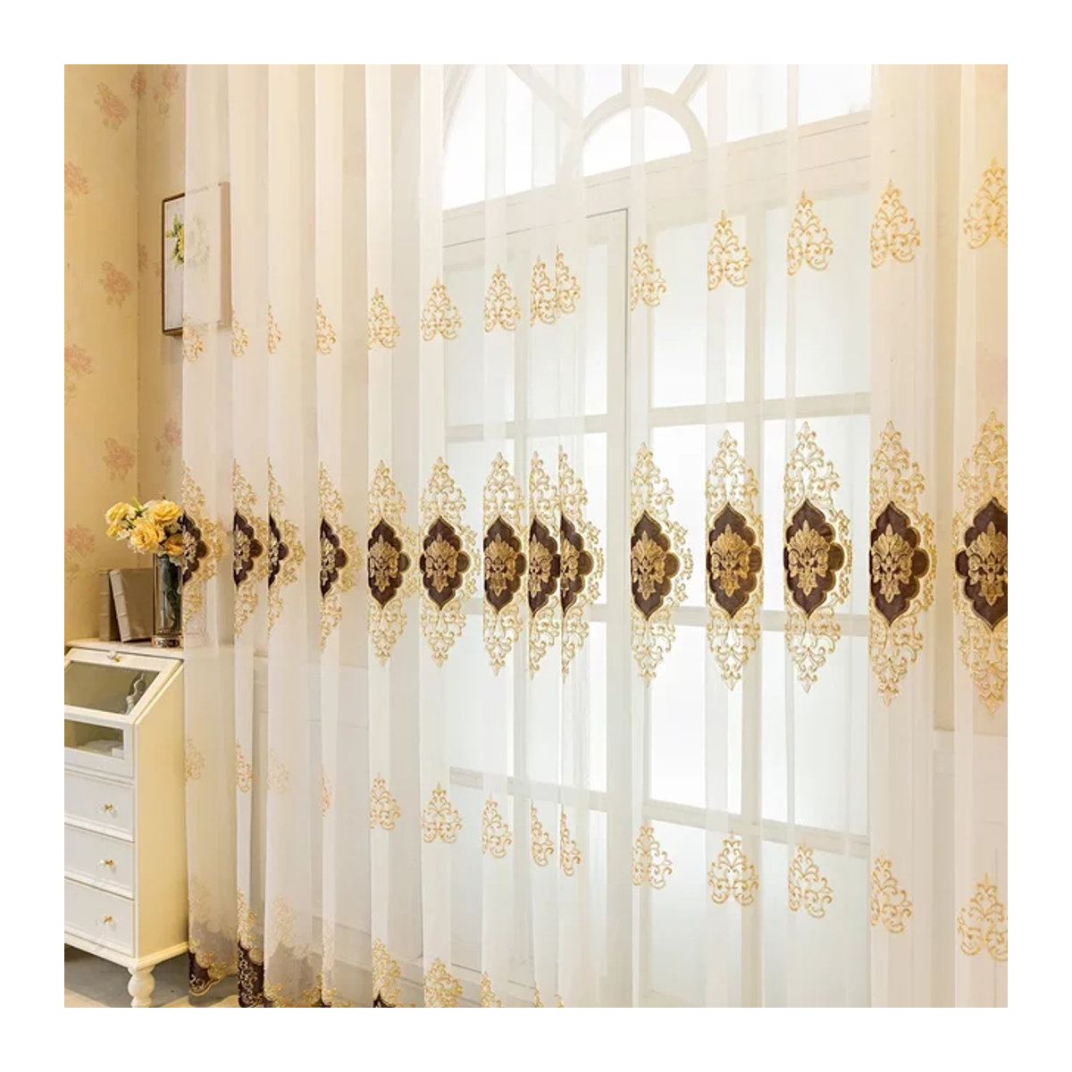 Stickerei Tüll Vorhang in Braun für Wohnzimmer und Schlafzimmer, Sheer Voile Fenstervorhang im europäischen Luxusstil - Bild 1
