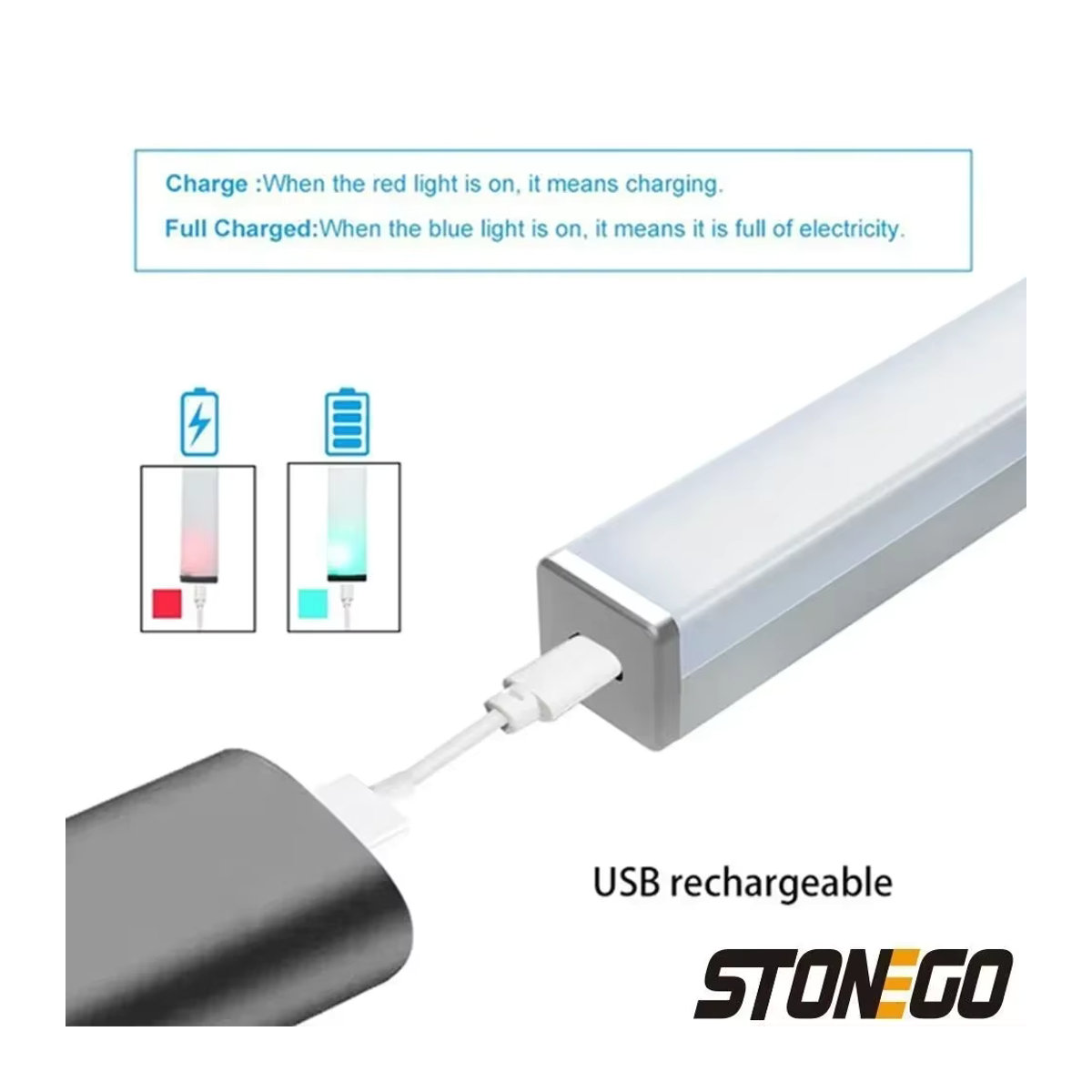 STONEGO USB wiederaufladbare LED-Schrankbeleuchtung mit Bewegungsmelder und 2 Eisenblechen für Kleiderschrank, Treppe oder Garten - Bild 4