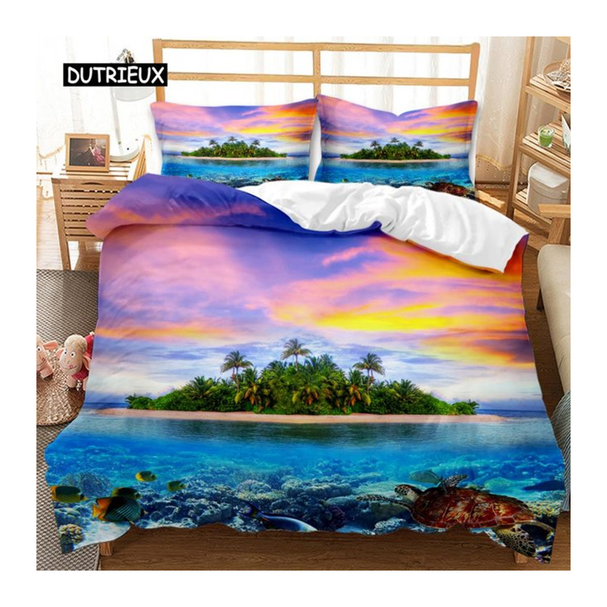 Strand Steppdeckebezug-Set mit 3D Meereswellen und Seestern-Muster in Marine, B/B: 135 x 200 cm - Bild 1