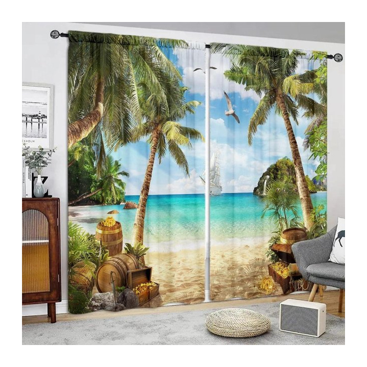Strandmotiv Vorhang Tonnika Chen Multicolor aus Polyester mit Stangentasche, Breite: 100 cm, Höhe: 70 cm - Bild 1