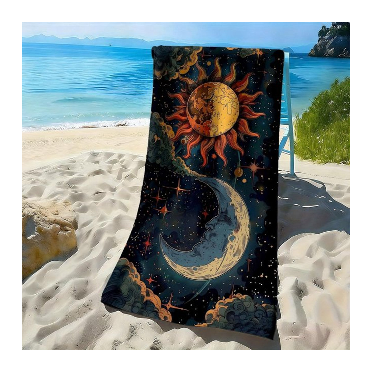 Strandtuch aus Polyester Mikrofaser mit Retro-Sonne, Mond und Sterne Muster von Shanika Chen, Breite: 40 cm, Höhe: 60 cm - Bild 1