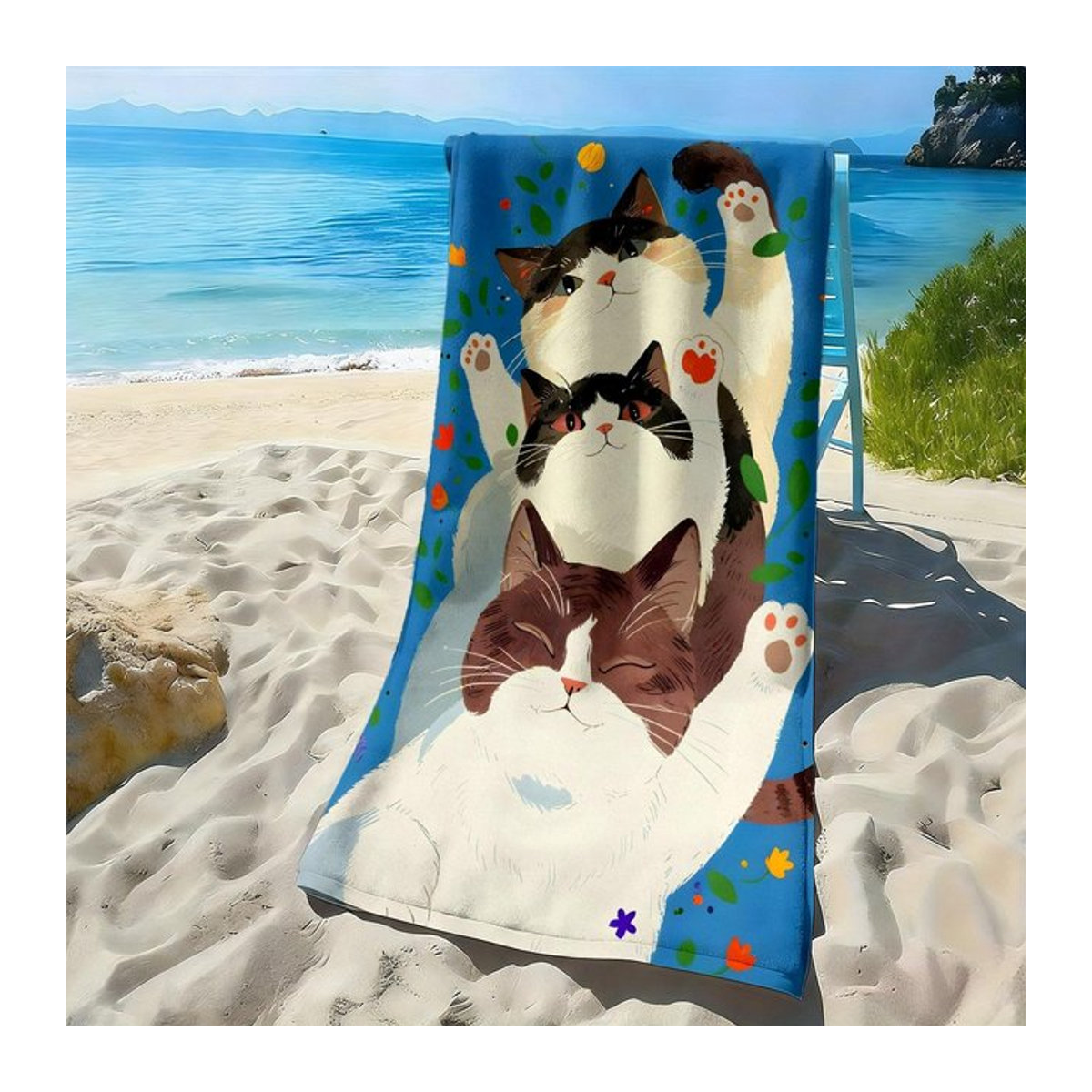 Strandtuch mit Drei Katzen Motiv aus Polyester-Mikrofaser, hochsaugfähig, B: 40 cm, H: 60 cm - Bild 1