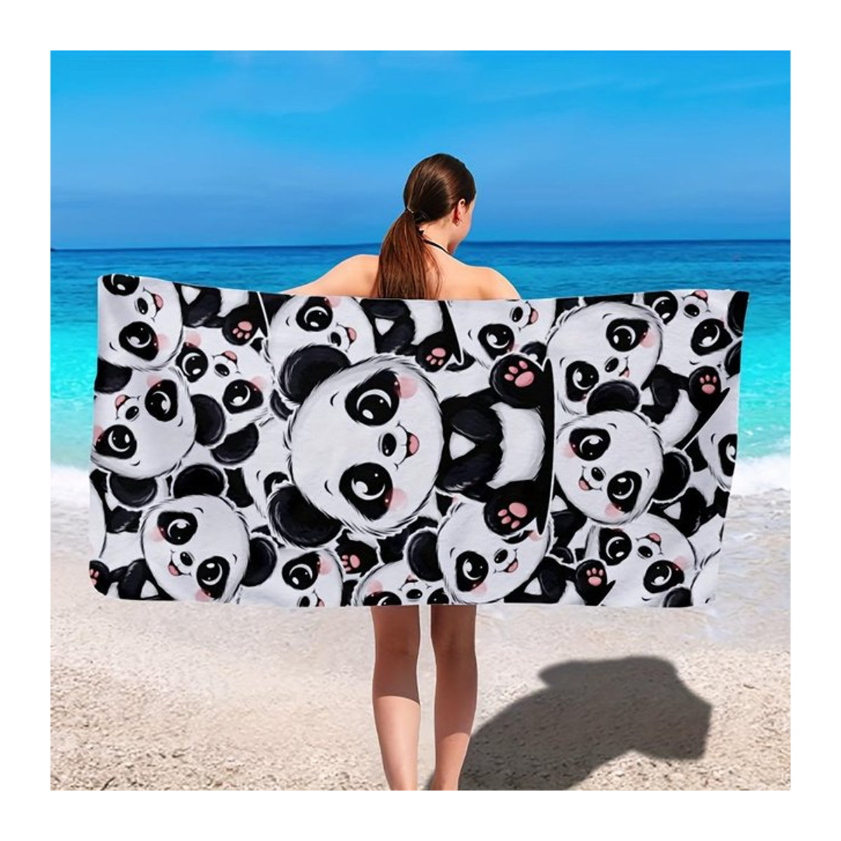 Strandtuch mit Pandamuster in Weiß aus superweicher Mikrofaser, schnelltrocknend, B: 30 cm, H: 60 cm - Bild 1