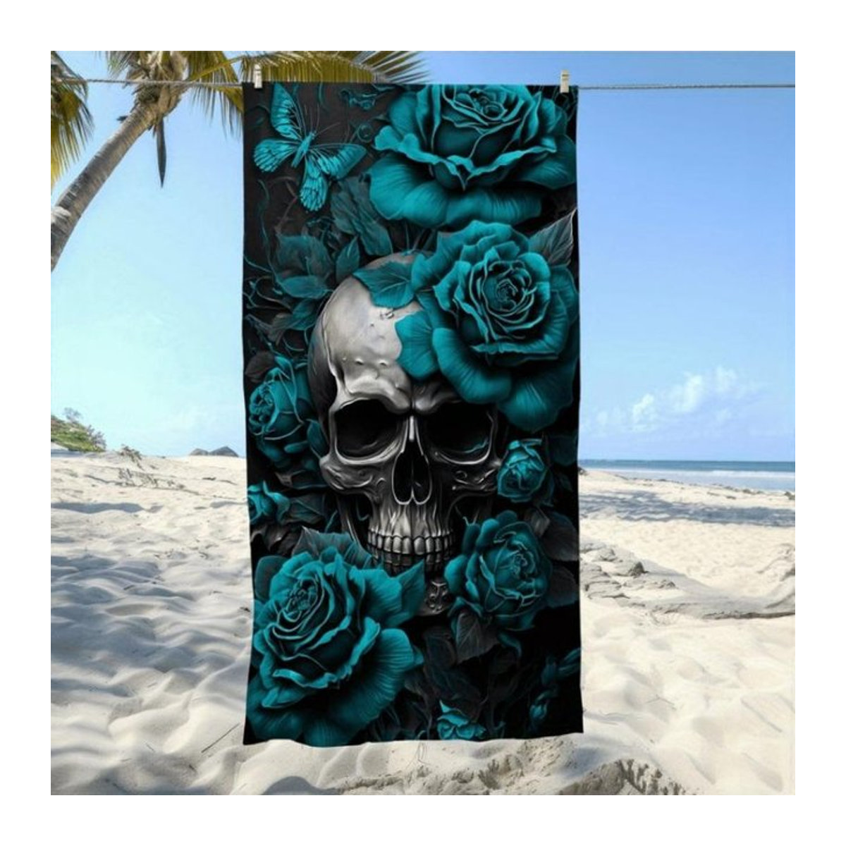 Strandtuch mit Rosen-Totenkopf-Design, weich, saugfähig und schnelltrocknend, B: 40 cm, H: 60 cm - Bild 1