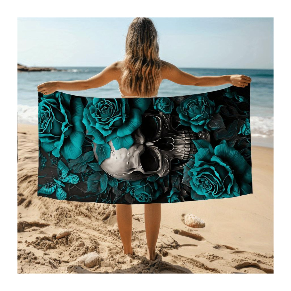 Strandtuch mit Rosen-Totenkopf-Design, weich, saugfähig und schnelltrocknend, B: 40 cm, H: 60 cm - Bild 4