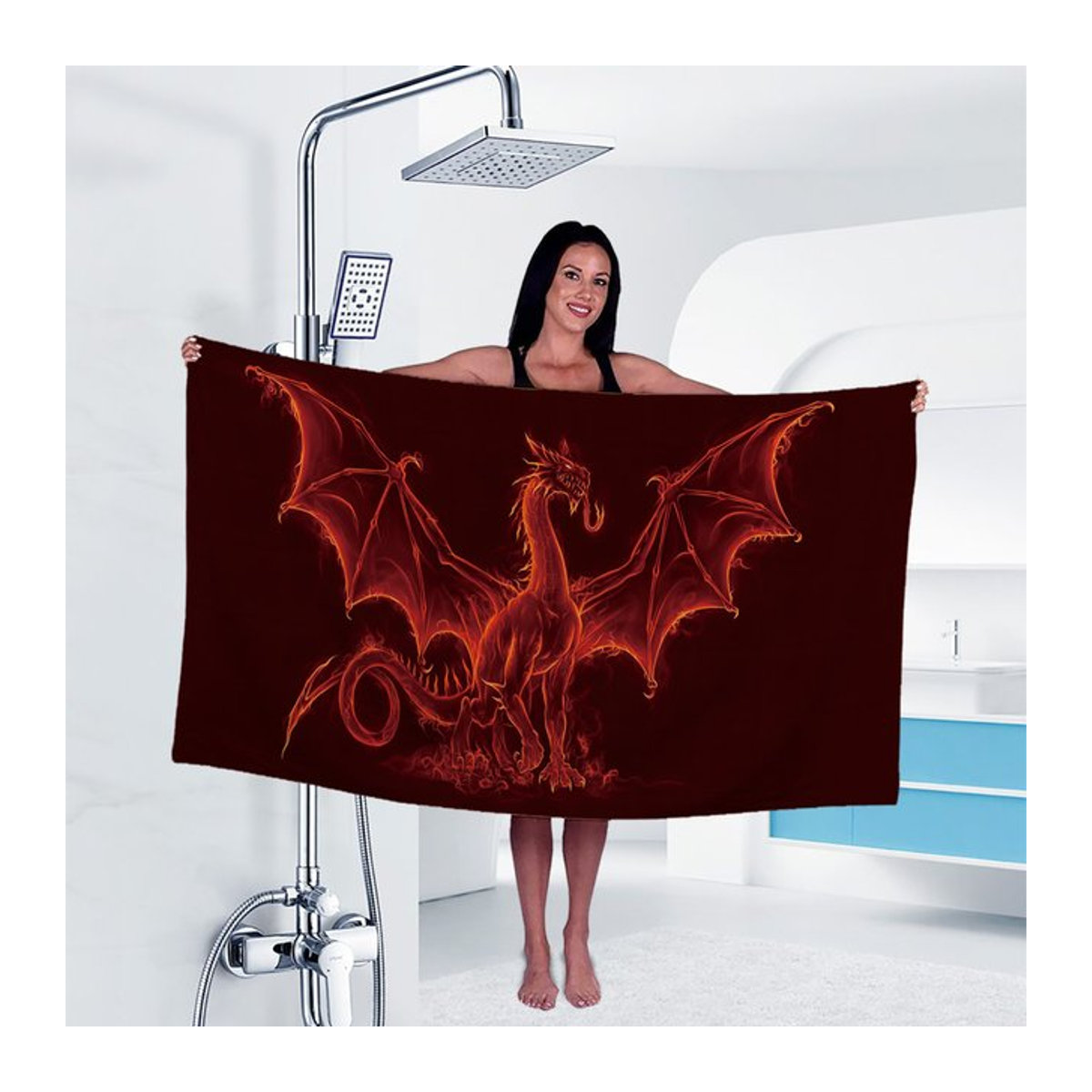 Strandtuch mit rotem Drachen-Print, ultrafeines Fasergewebe, B/H: 160 x 80 cm - Bild 1