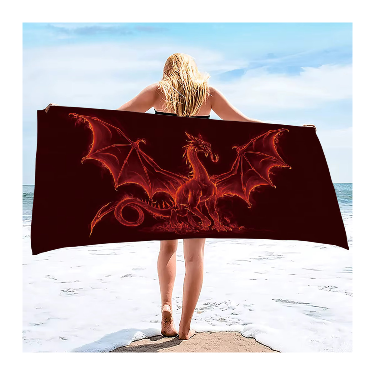 Strandtuch mit rotem Drachen-Print, ultrafeines Fasergewebe, B/H: 160 x 80 cm - Bild 2