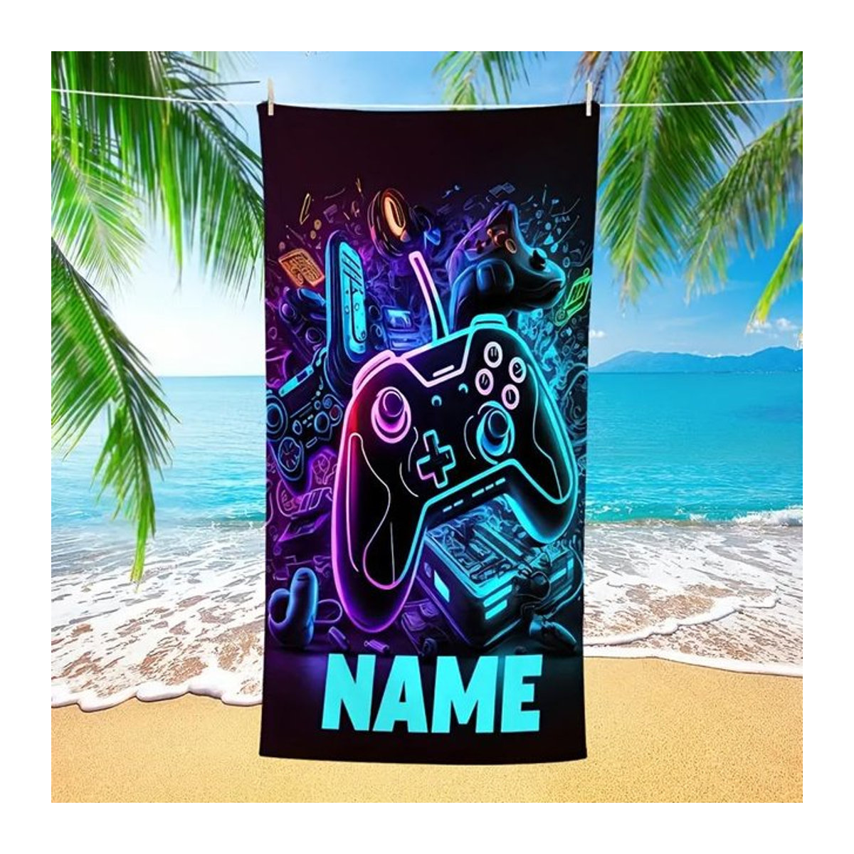Strandtuch mit Spielcontroller-Design in Multicolor, superweiches Mikrofaser-Badetuch, B/H: 80 x 130 cm - Bild 1