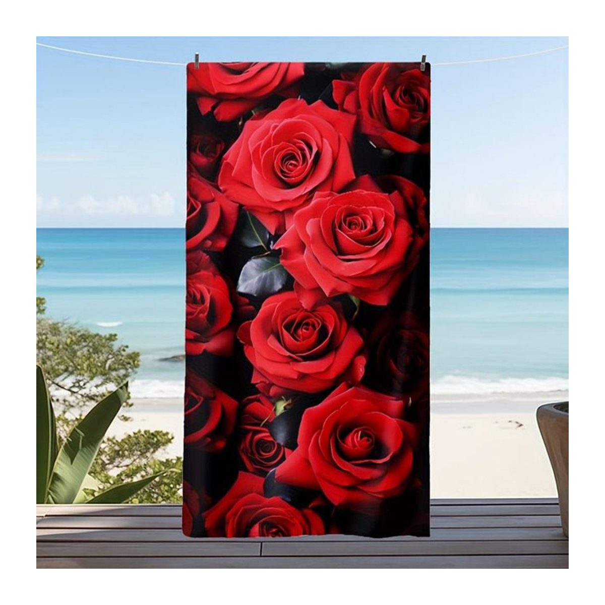 Strandtuch Rosen Design in Weiß, Mikrofaser schnelltrocknend und saugfähig, B: 30 cm, H: 60 cm - Bild 1