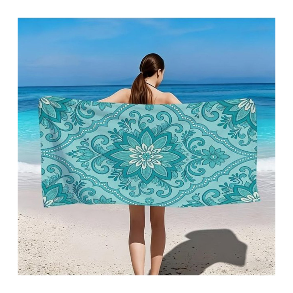 Strandtuch Shanika Chen in Türkisgrün mit Vintage-Blumen- und Rankenmuster, Breite: 40 cm, Höhe: 60 cm - Bild 1