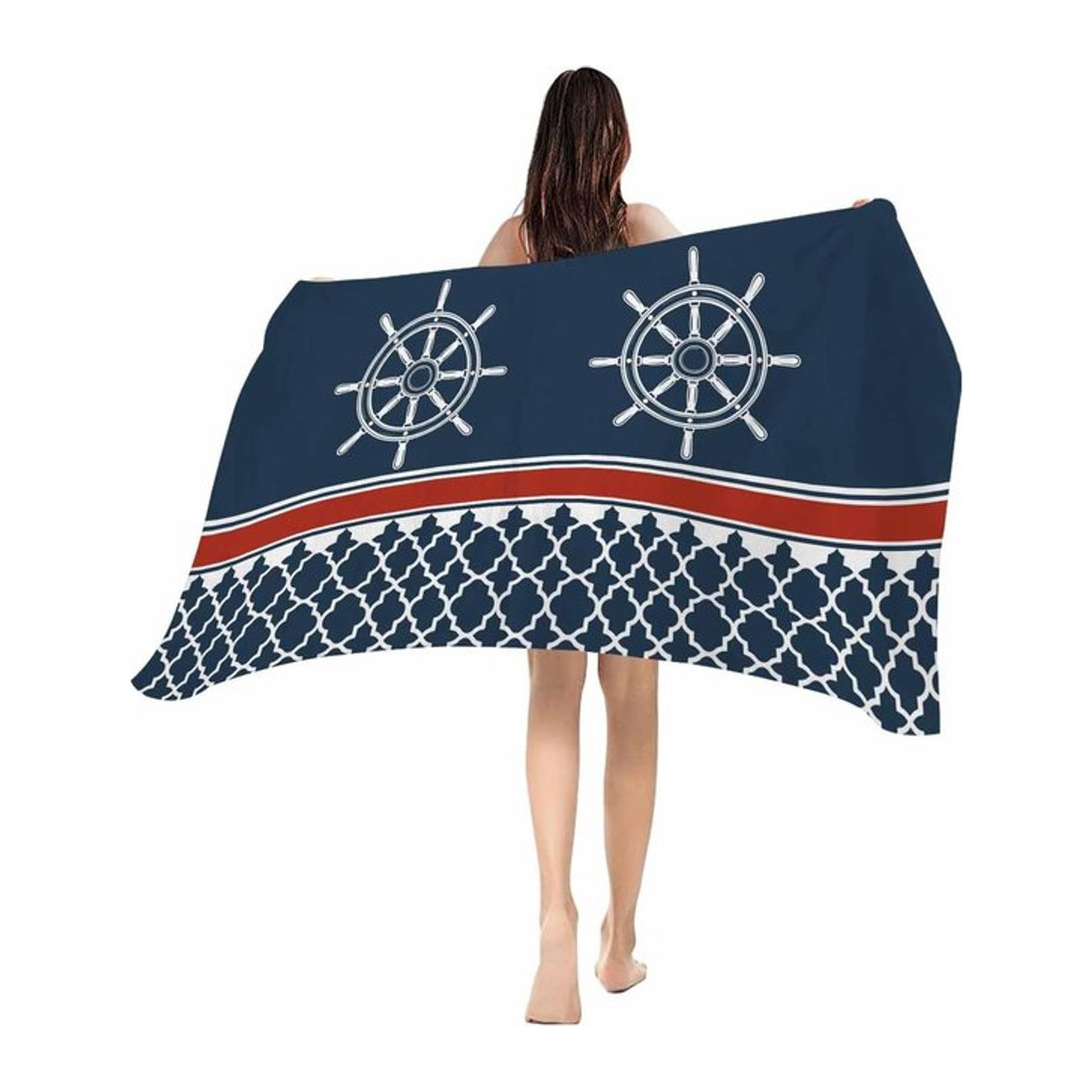 Strandtuch Shanika Chen mit nautischem Anker-Design in Rot und Marineblau, geometrische Streifen, weich und saugfähig, B: 40 cm, H: 60 cm - Bild 1