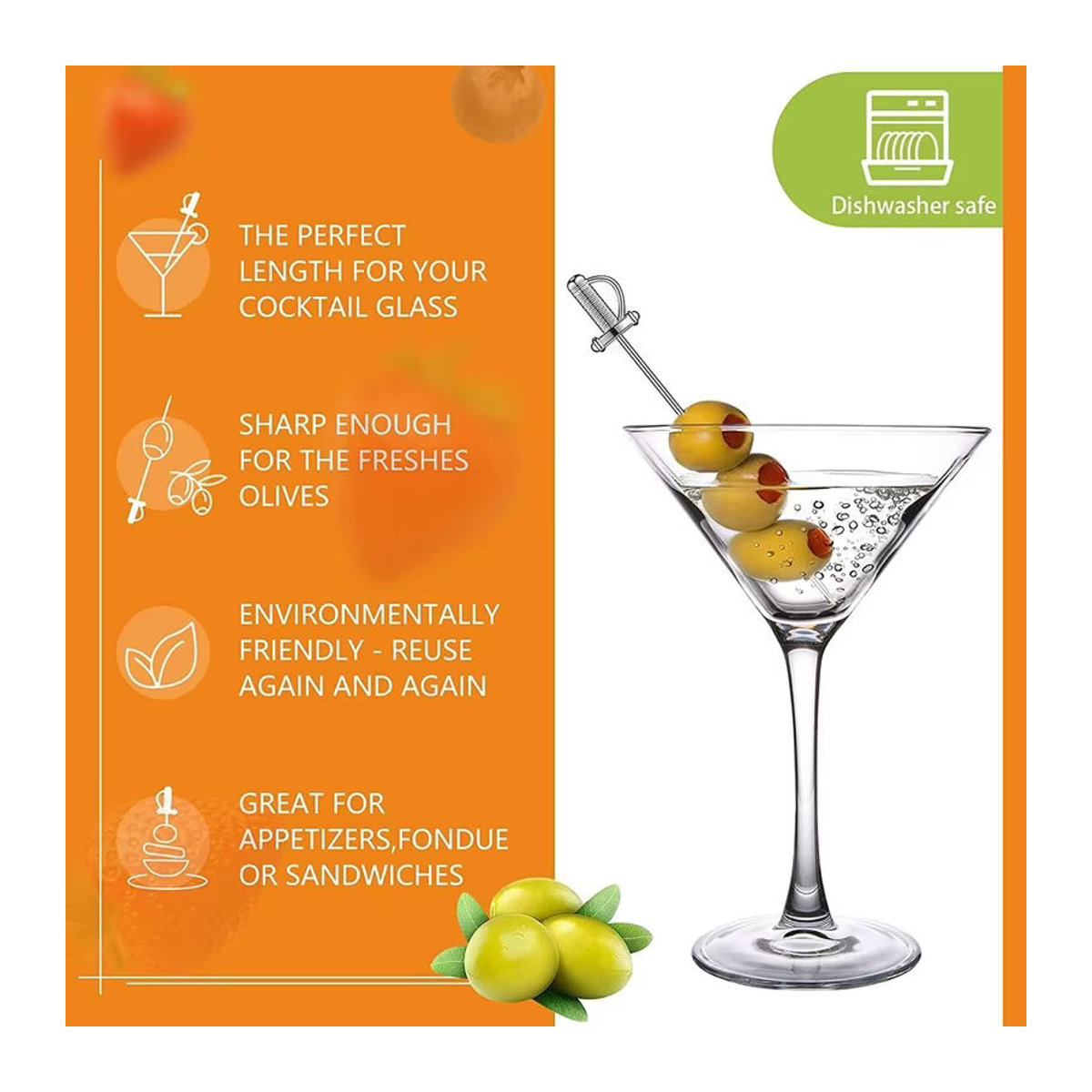 SUNFILI Schwertform Cocktail Picks aus Edelstahl in Silber für Obst und Getränke - Bild 2