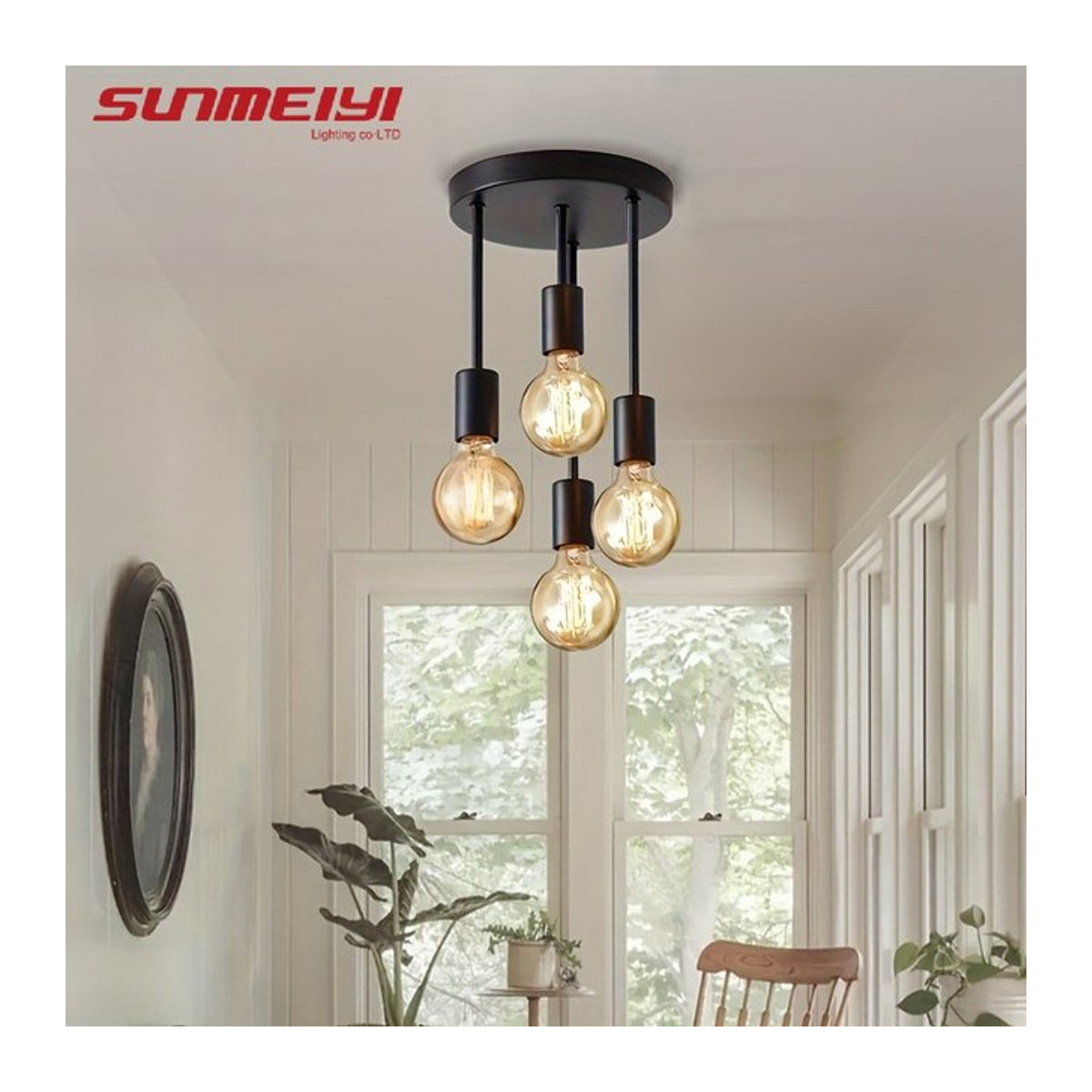 SUNMEIYI Moderne Deckenlampe im Industrial Design, Schwarzer Kronleuchter mit 4 E27 Fassungen aus Metall für Schlafzimmer, Küche oder Flur - Bild 1