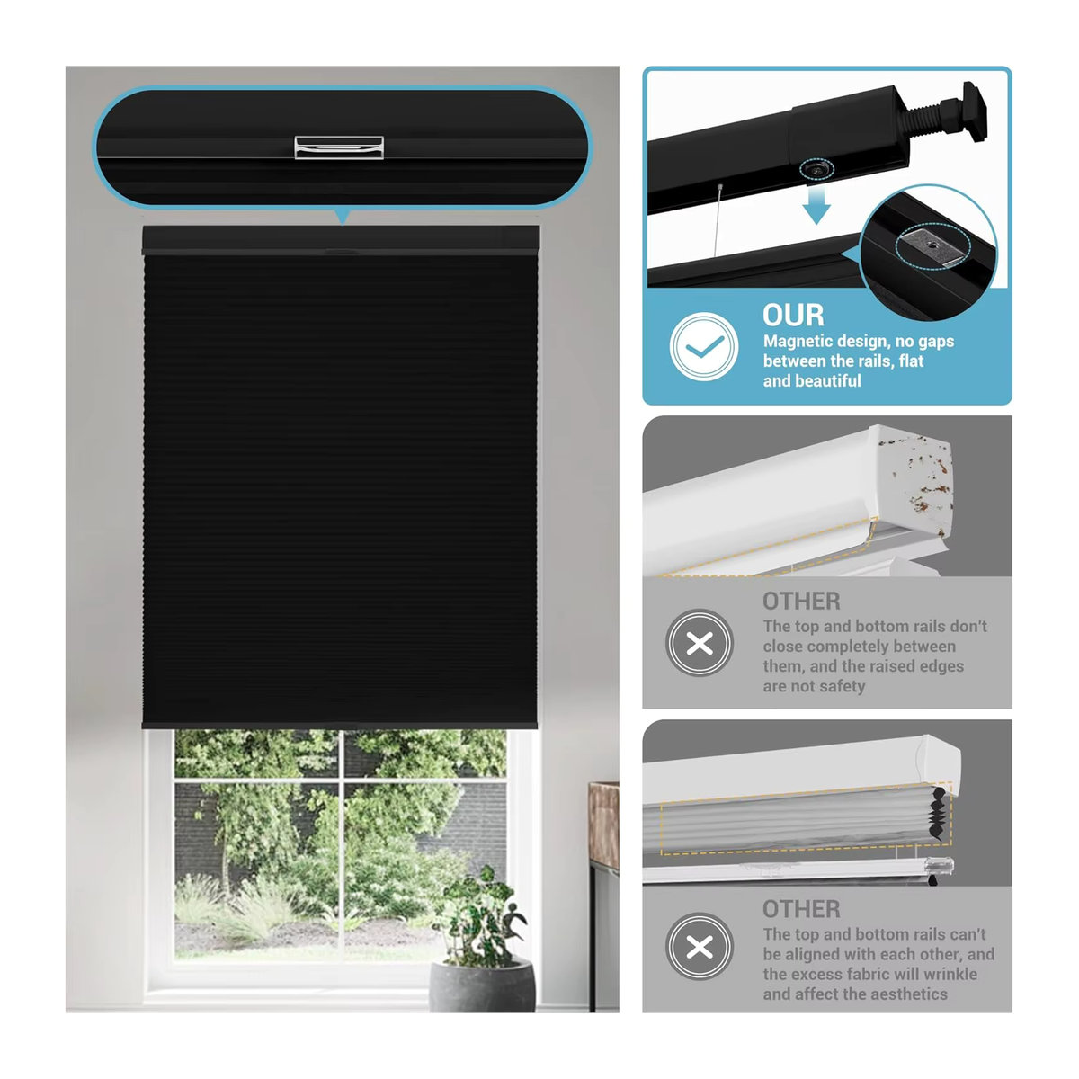 Sunroad Wabenjalousien Blackout Cordless Cellular Shades in Schwarz, oben und unten bedienbar, ohne Bohrwerkzeuge - Bild 2