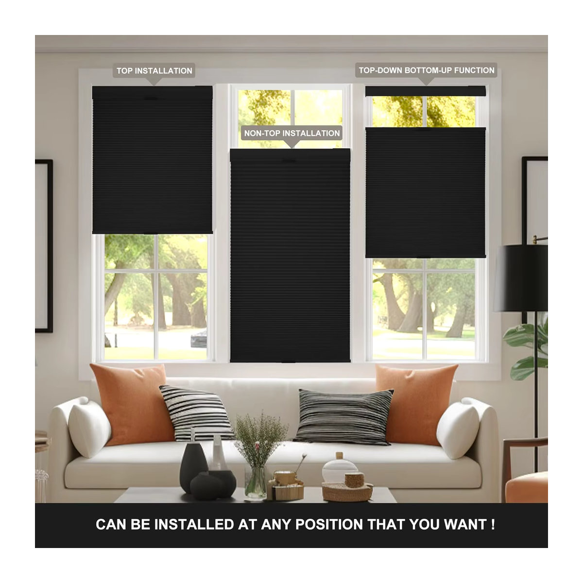Sunroad Wabenjalousien Blackout Cordless Cellular Shades in Schwarz, oben und unten bedienbar, ohne Bohrwerkzeuge - Bild 3