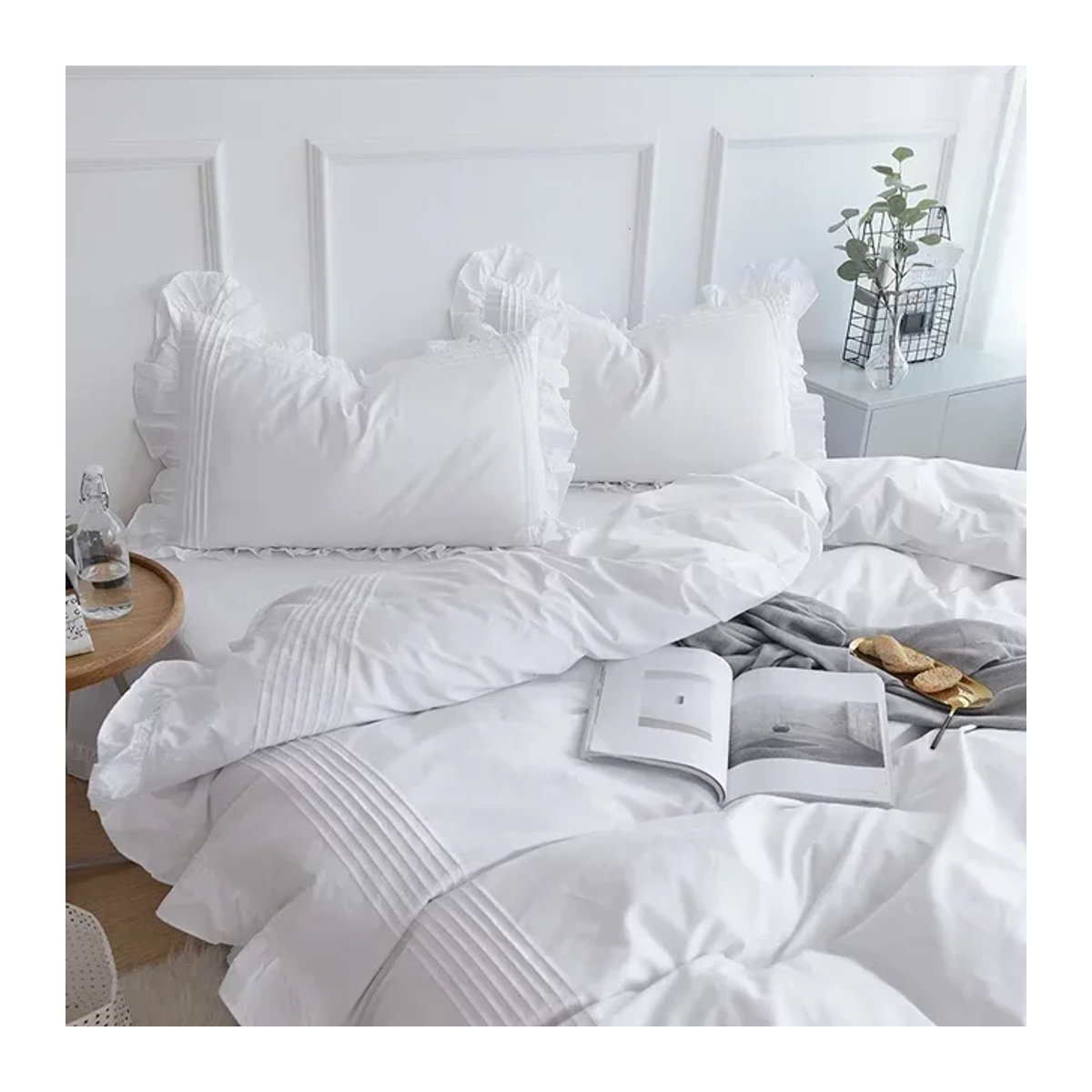 Super Sale Bettwäsche-Set aus Baumwollleinen in Weiß mit eleganten Rüschen im Prinzessin-Design für Queen-Size-Betten - Bild 1