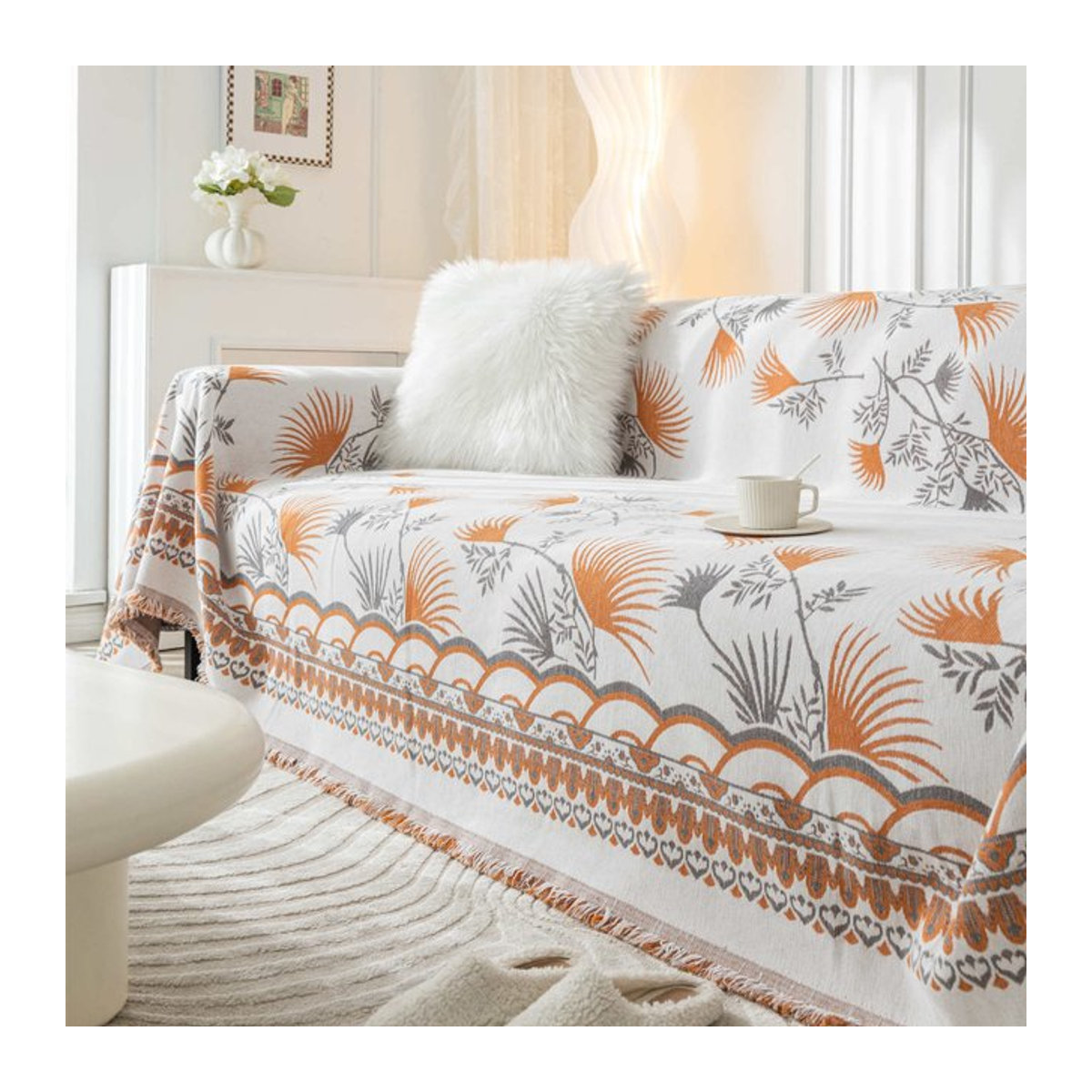 Super Six Chenille Sofa Handtuch mit Quasten in Grau, universeller Sofabezug im Boho-Stil für Wohnzimmer und Sitzkissen, rutschfest und feuchtigkeitsabsorbierend, B: 180 cm, T: 130 cm - Bild 1