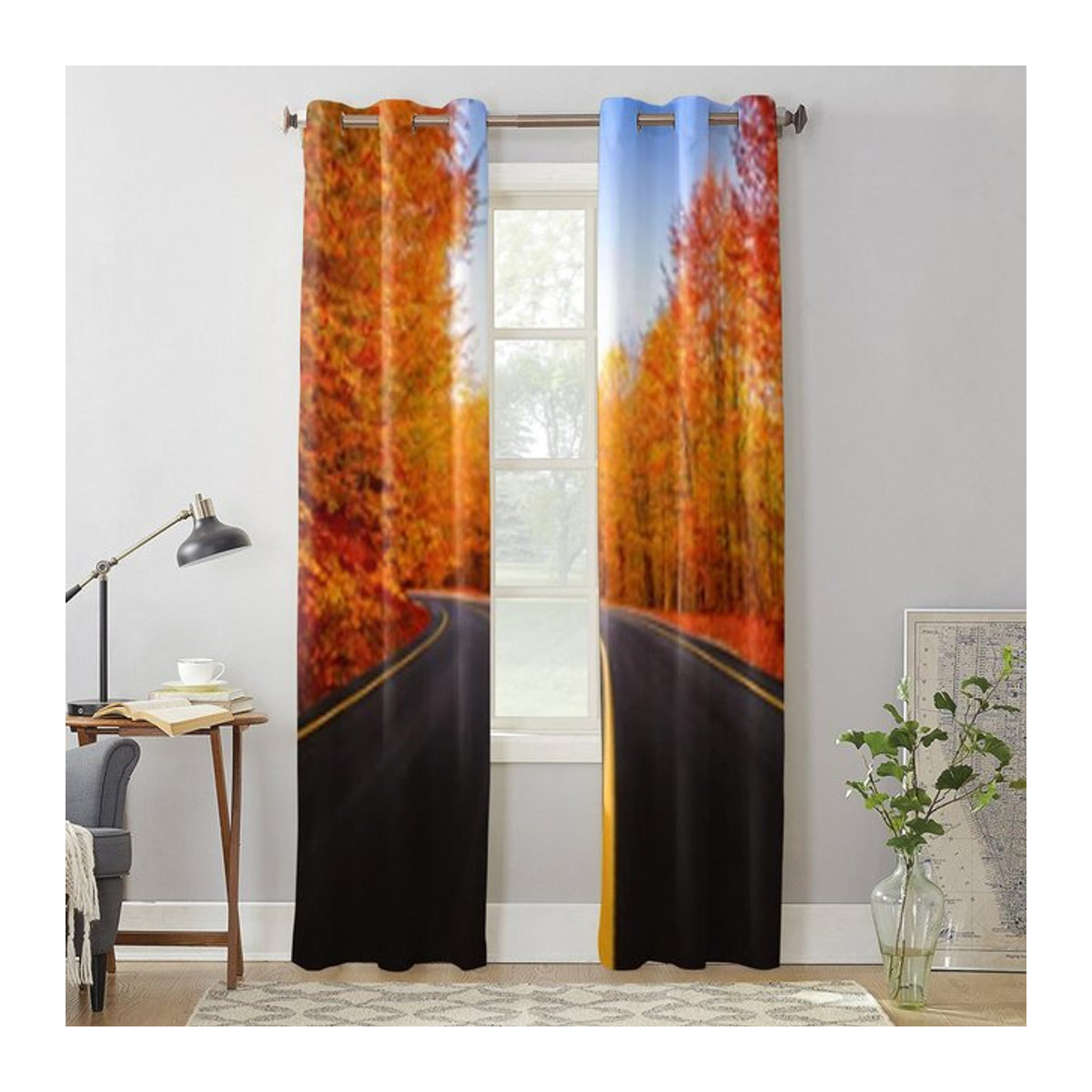 Super Six Fenstervorhang Black Road In Autumn Forest in Schwarz, halbtransparent, B: 135 cm, H: 60 cm - Bild 1