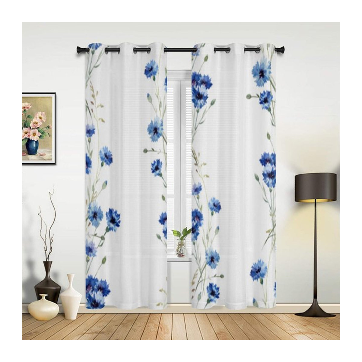 Super Six Fenstervorhang mit Gänseblümchen-Design in Blau, halbtransparent, B: 70 cm, H: 100 cm, 2er-Set - Bild 1