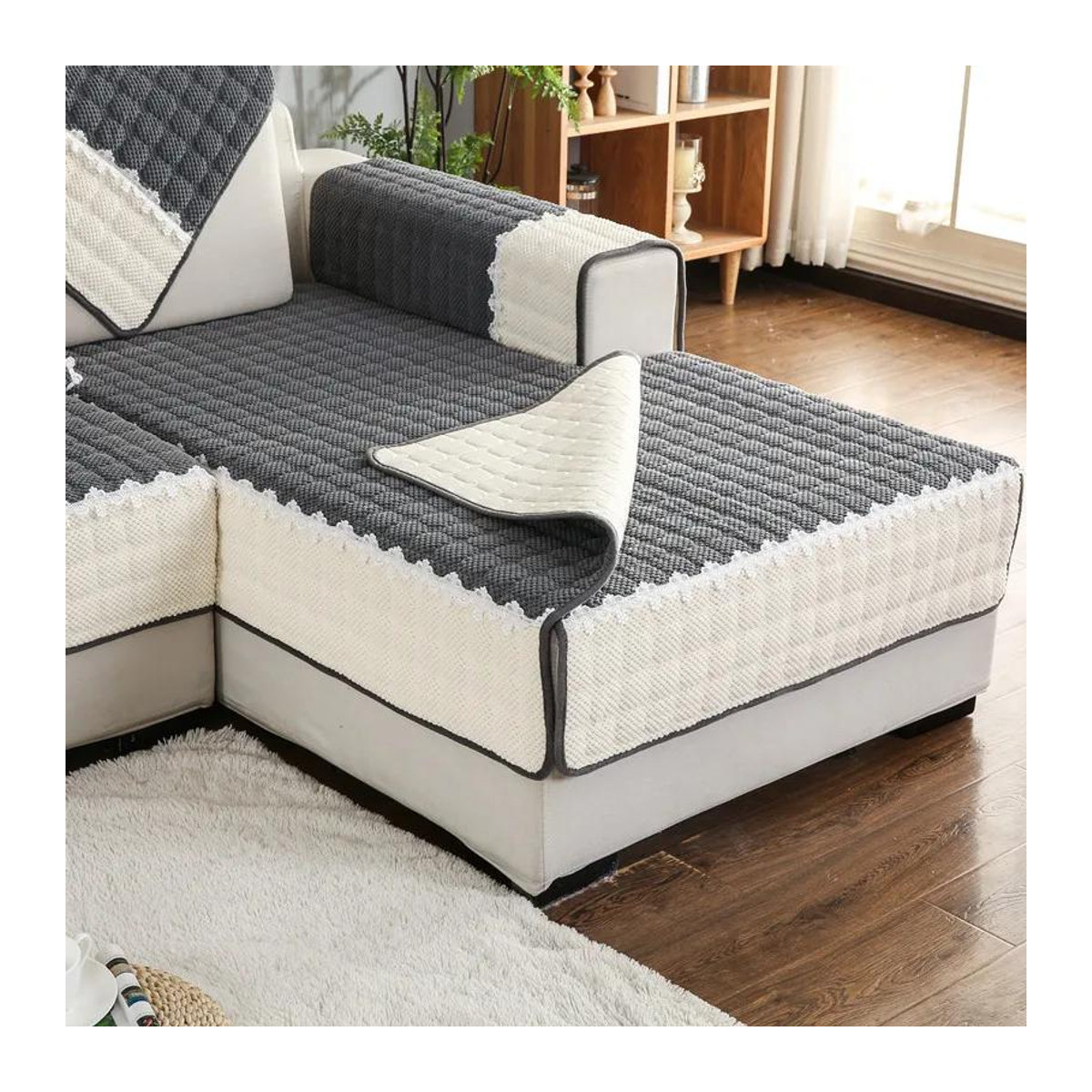 Super Six Rutschfester Plüsch Sofabezug in Weiß für Chaiselongue und Couch, Breite: 70 cm, Höhe: 70 cm - Bild 1