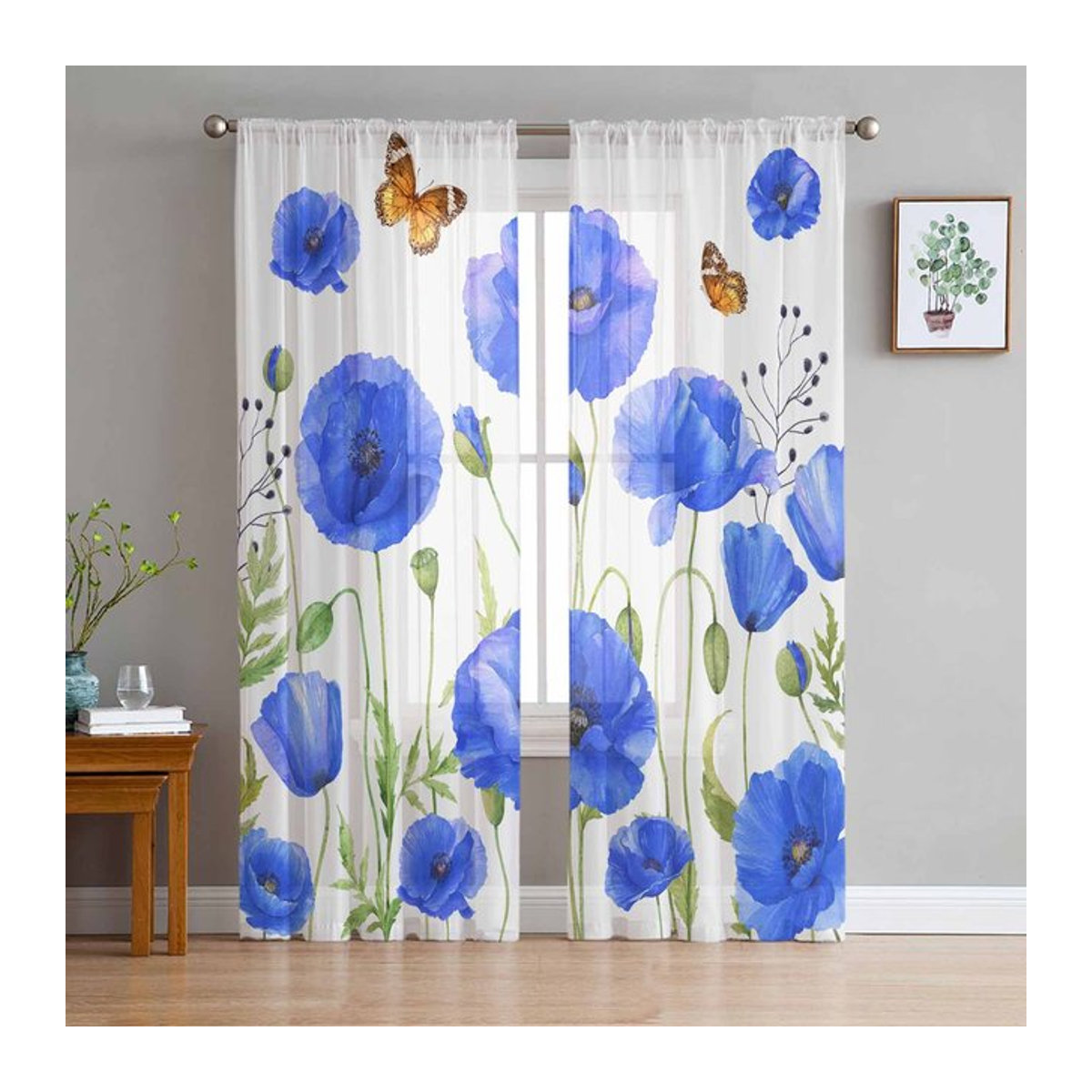 Super Six Transparente Tüll Fenstervorhänge mit blauem Retro Aquarell Mohnblumen-Design, B: 135 cm, H: 114 cm - Bild 1