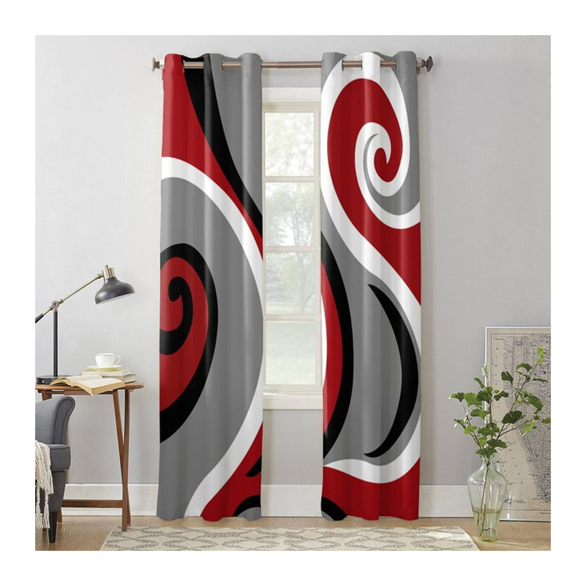 Super Six Vorhang mit abstraktem Wirbel-Design in Rot und Multicolor, halbtransparent, Breite: 135 cm, Höhe: 60 cm - Bild 1